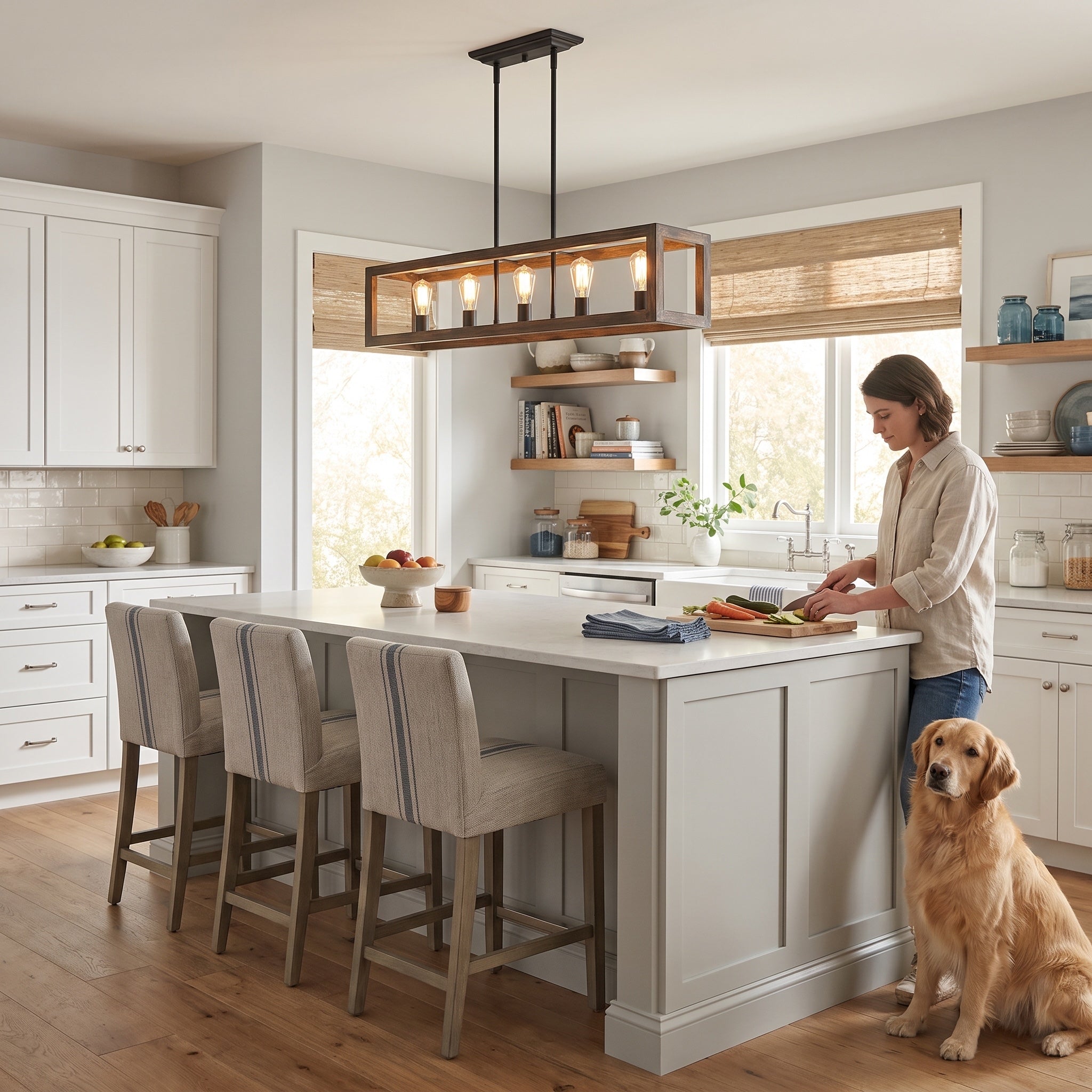 Sutton island light in a matte black finish hanging over a kitchen island