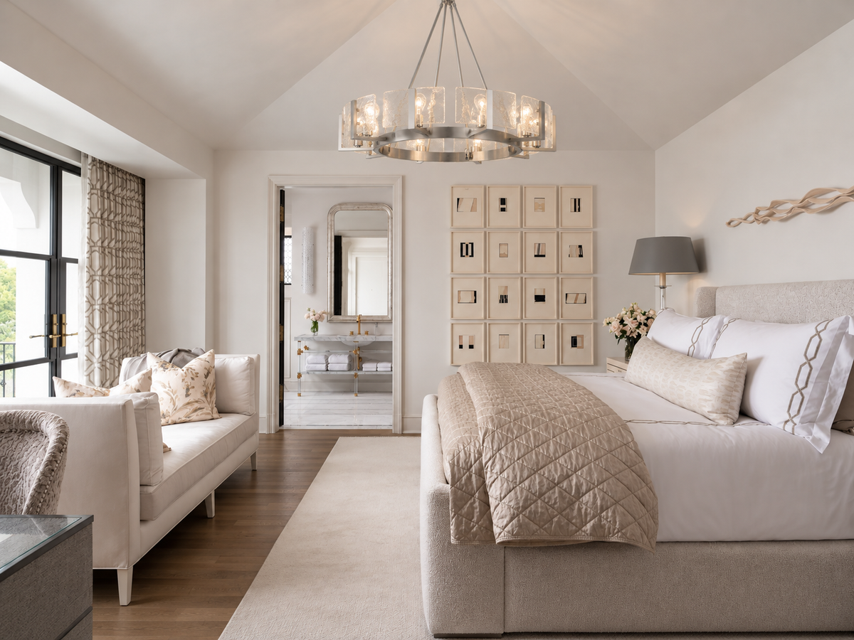 Aenon 10-light chandelier in Pewter and hammered water glass, AI-visualized bedroom scene- Golden Lighting