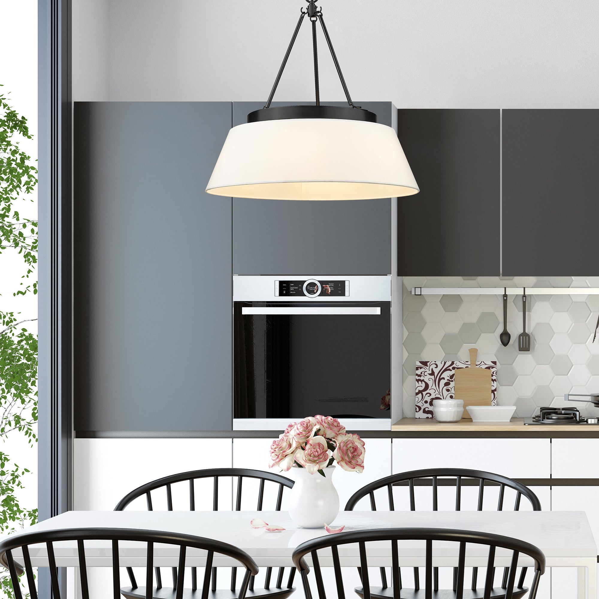 Penn 6-light Chandelier in Matte Black, shown in a room setting - Golden Lighting