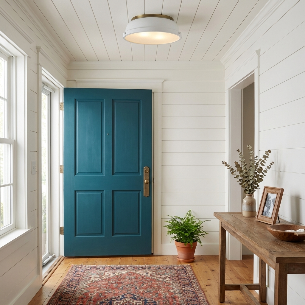 Duncan flush mount ceiling light in an aged brass finish in a room setting