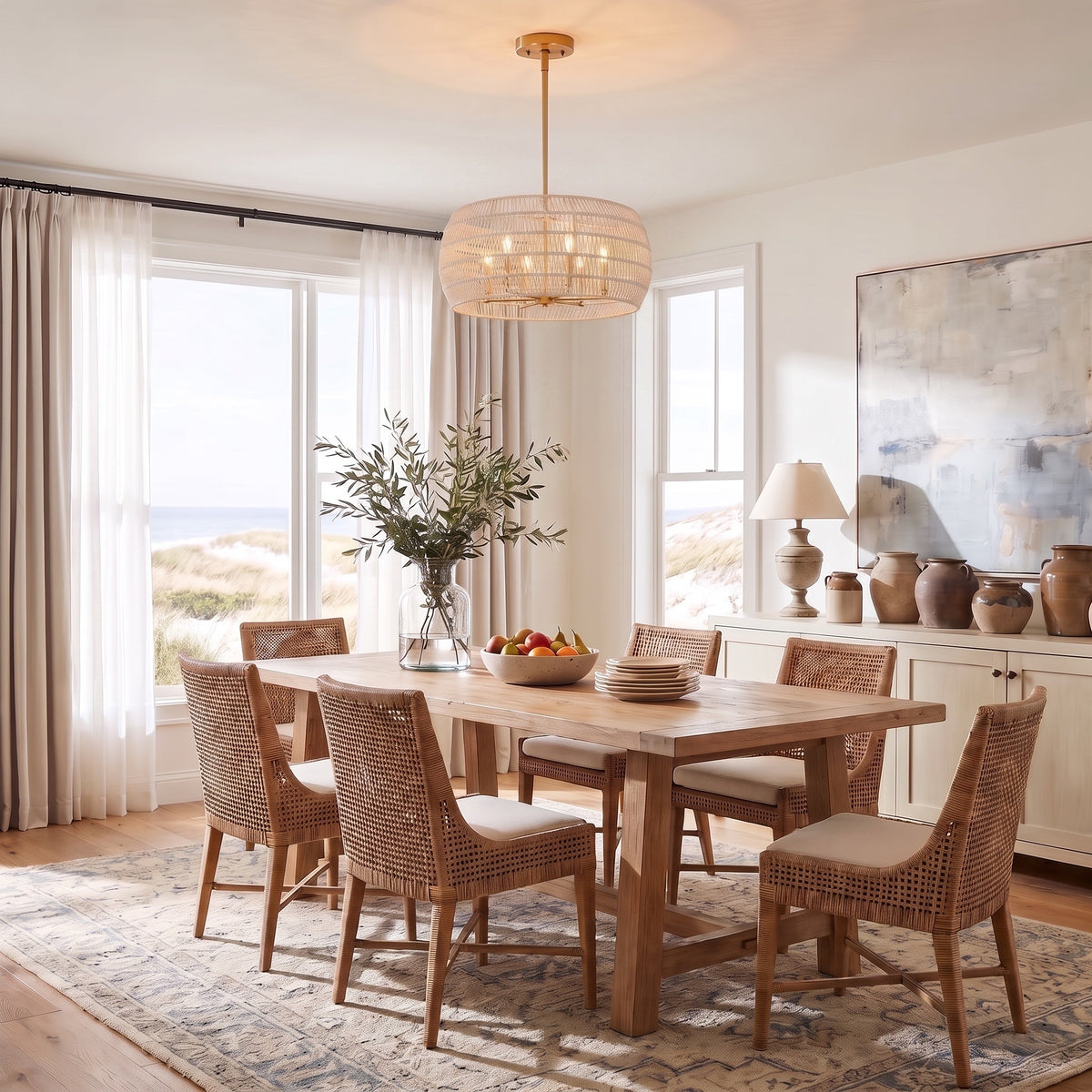 Ellie 6-light Semi-Flush Mount in Modern Brushed Gold, AI-visualized dining room scene - Golden Lighting
