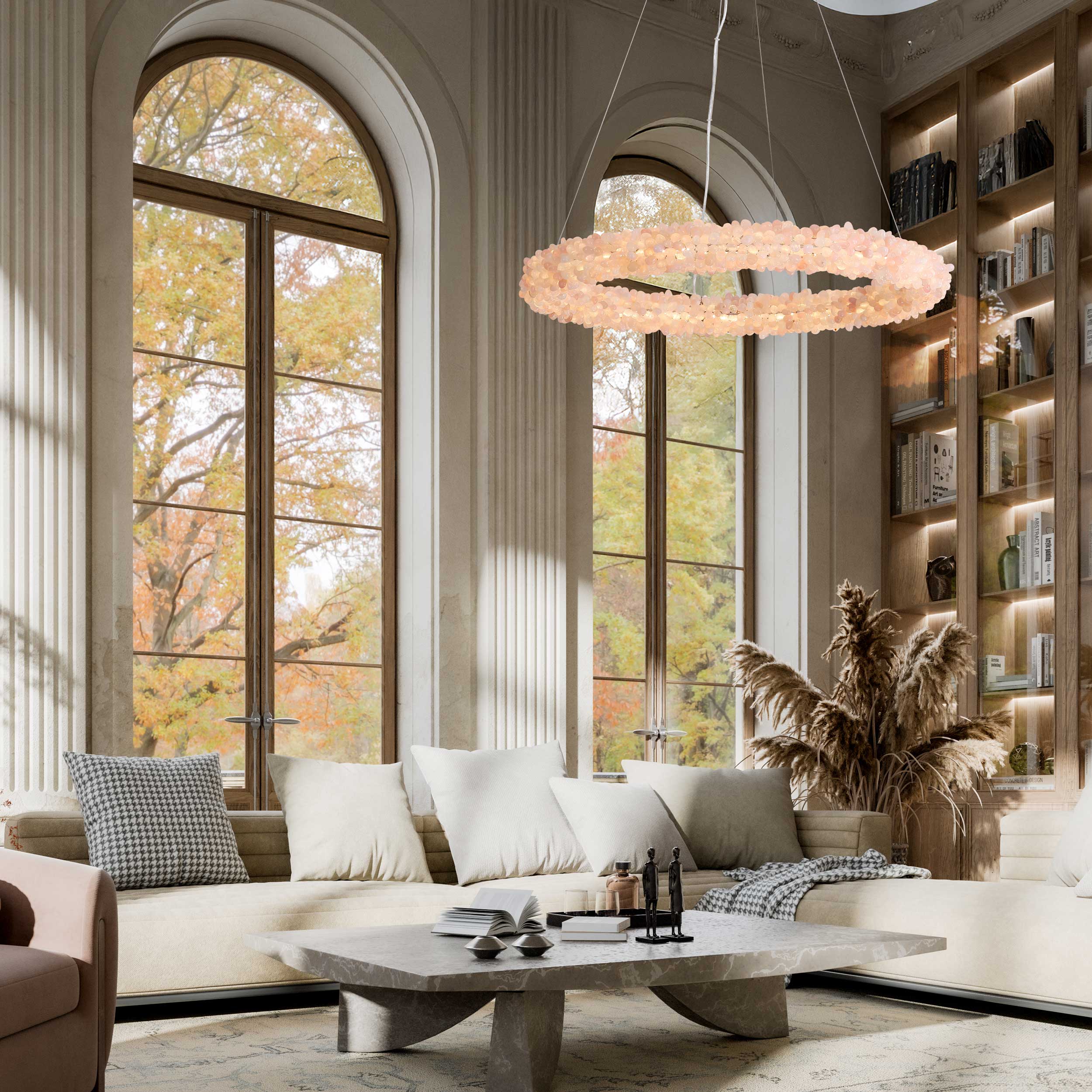 Corallo integrated LED chandelier in a coral finish in a room setting