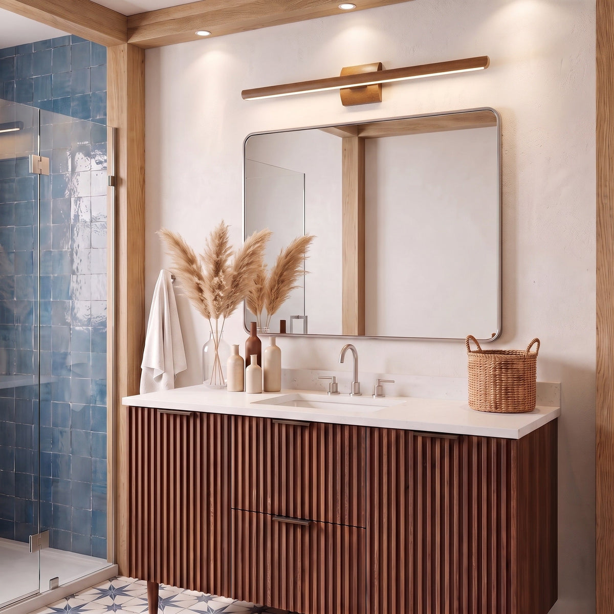 Vireo 1-light Vanity in Walnut, AI-visualized bathroom scene - Golden Lighting