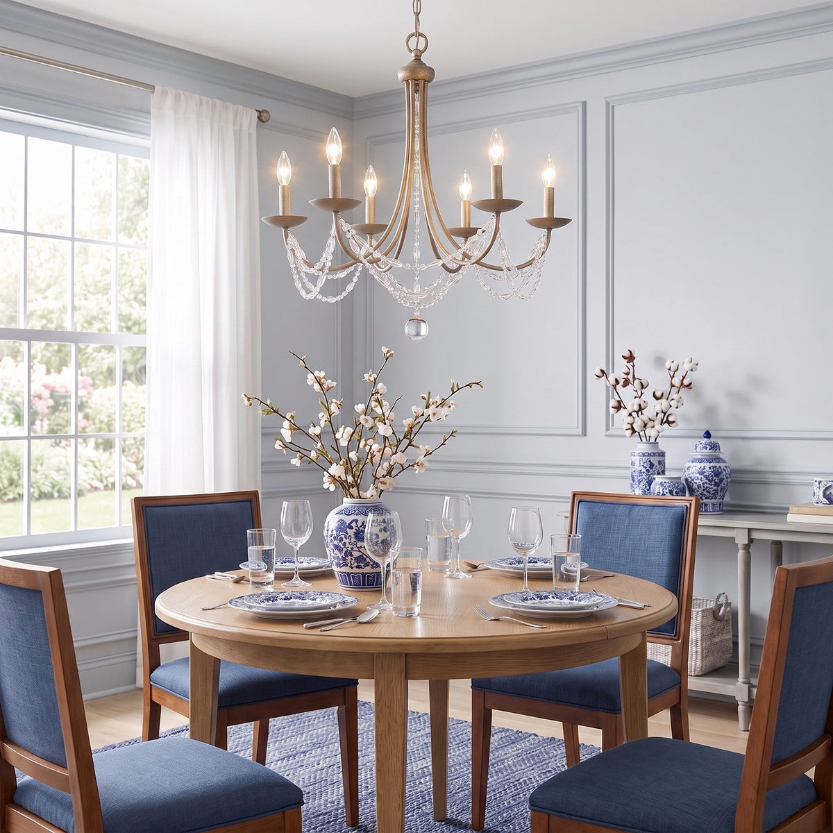 Mirabella 6-light Chandelier in Golden Aura, AI-visualized dining room scene - Golden Lighting