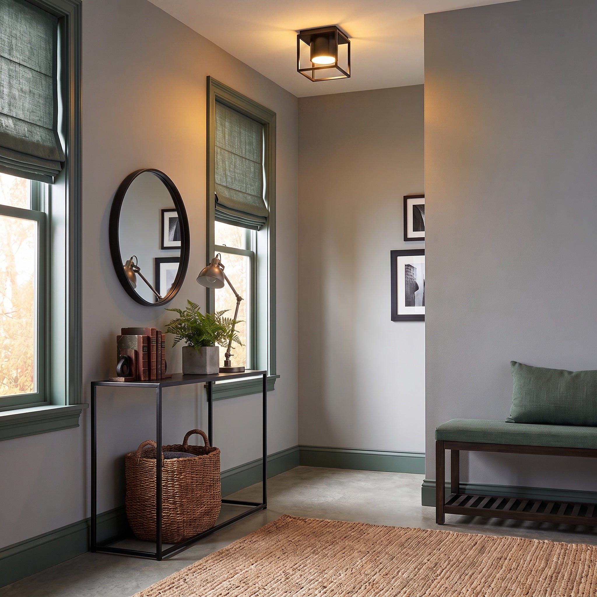 Desmond Integrated LED Flush Mount in Matte Black, AI-visualized room scene - Golden Lighting