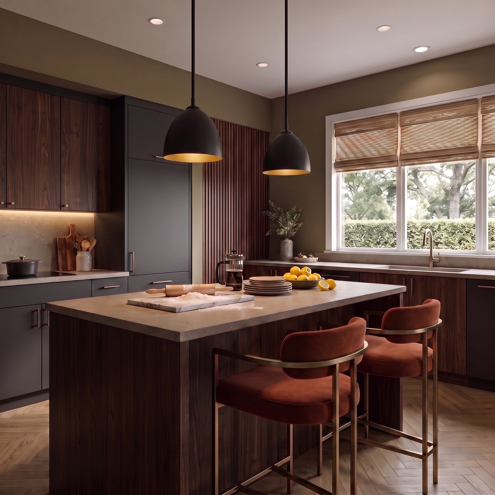 Zoey 1-light Pendant in Matte Black, AI-visualized kitchen scene - Golden Lighting