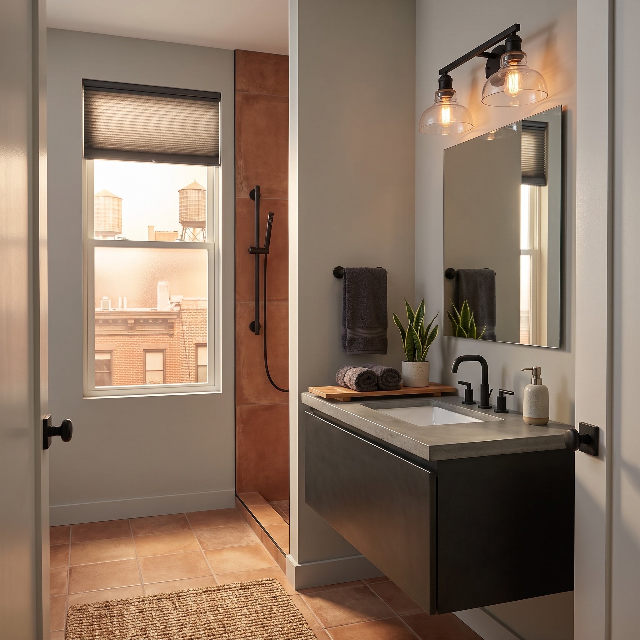 Carver 2-light Vanity in Matte Black and Clear Glass, AI-visualized room scene - Golden Lighting