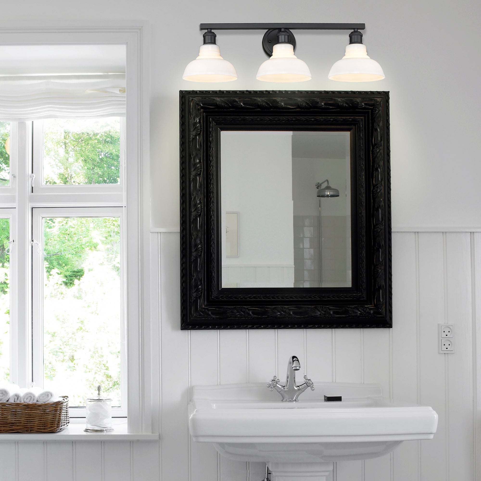 Yep by Golden Lighting Carver 3-light Vanity in Matte Black and Vintage Milk Glass