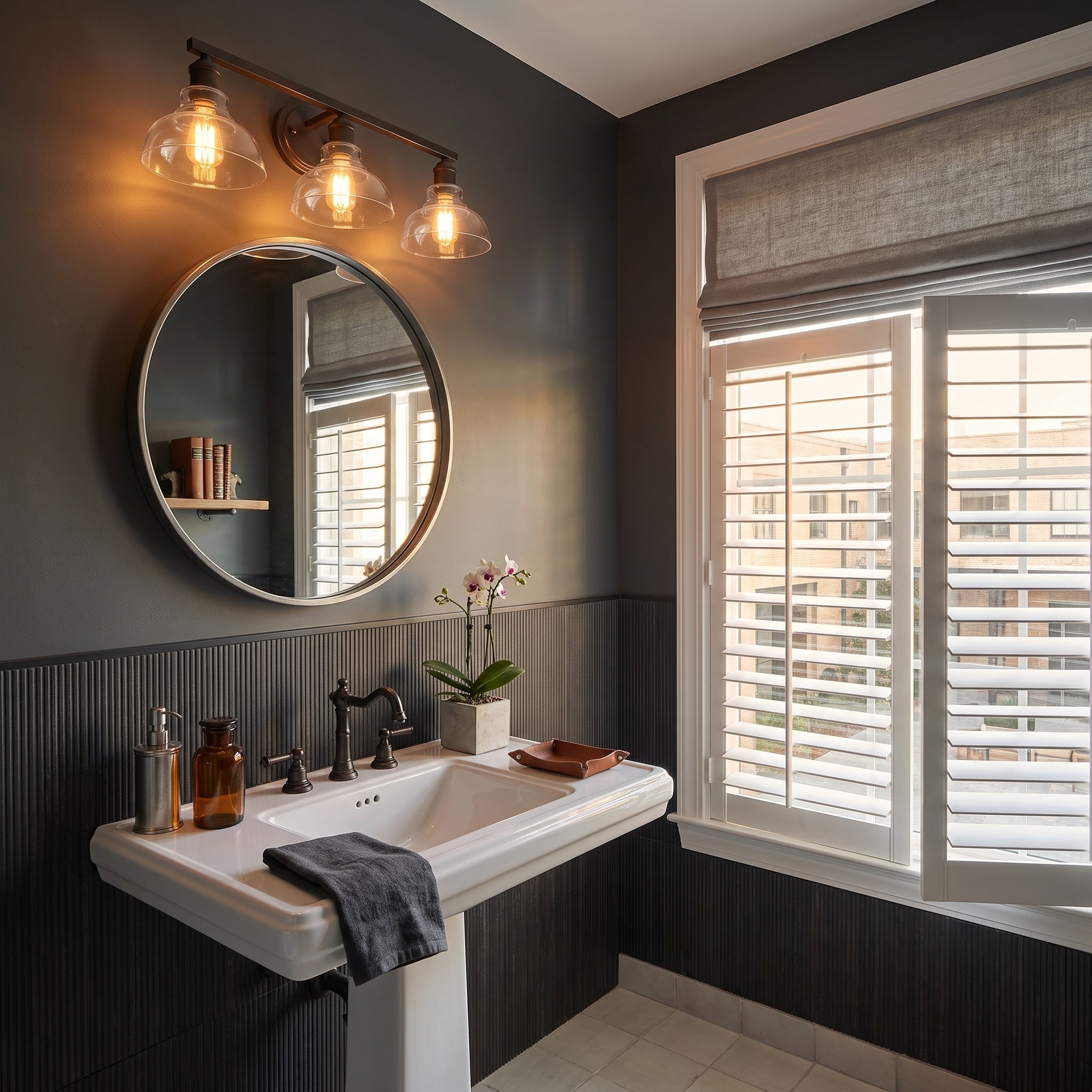Carver 3-light Vanity in Rubbed Bronze, AI-visualized room scene - Golden Lighting