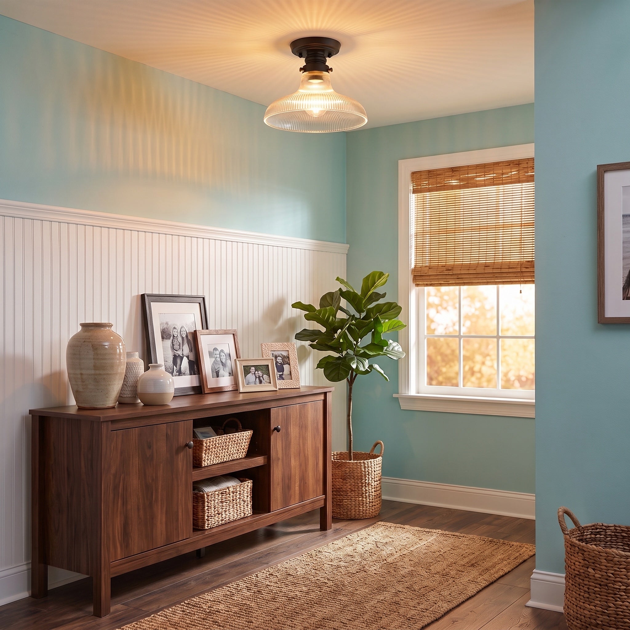 Clary 1-light Flush Mount in Matte Black, AI-visualized hallway scene - Golden Lighting