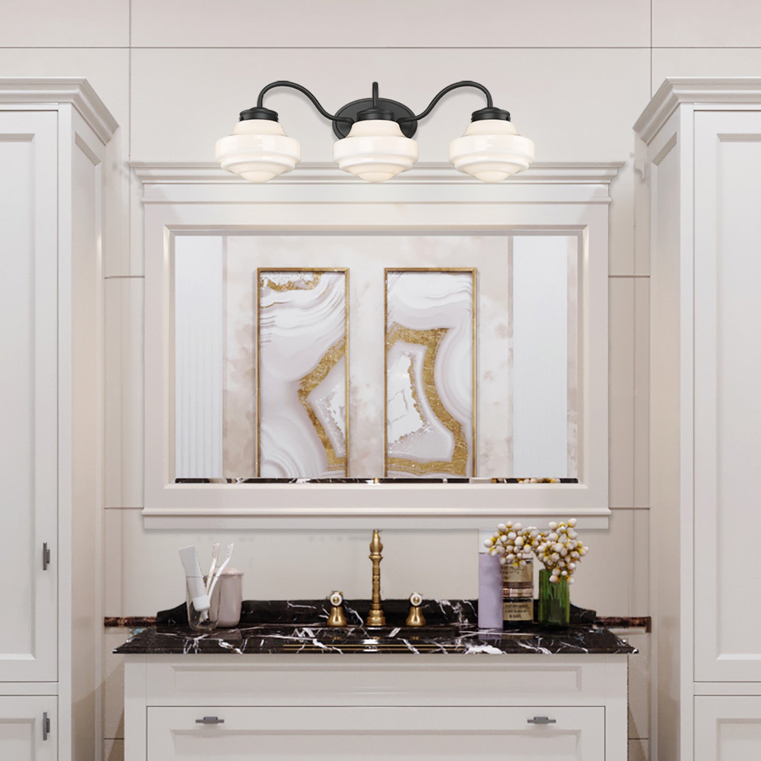 Ingalls 3 Light Bath Vanity in Matte Black with Vintage Milk Glass Shade - Default Title - Golden Lighting