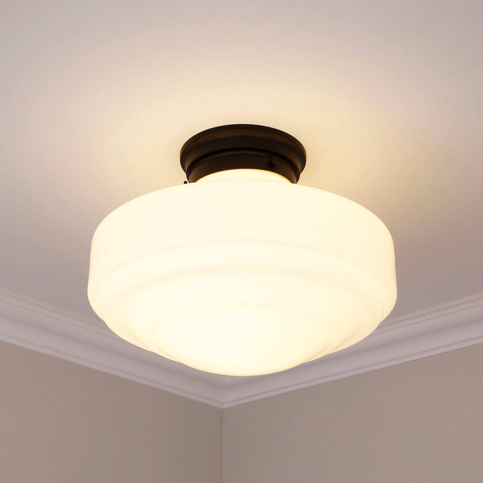 Golden Lighting Ingalls 1-light 16in Semi-Flush Mount in Matte Black and Vintage Milk Glass - - Golden Lighting