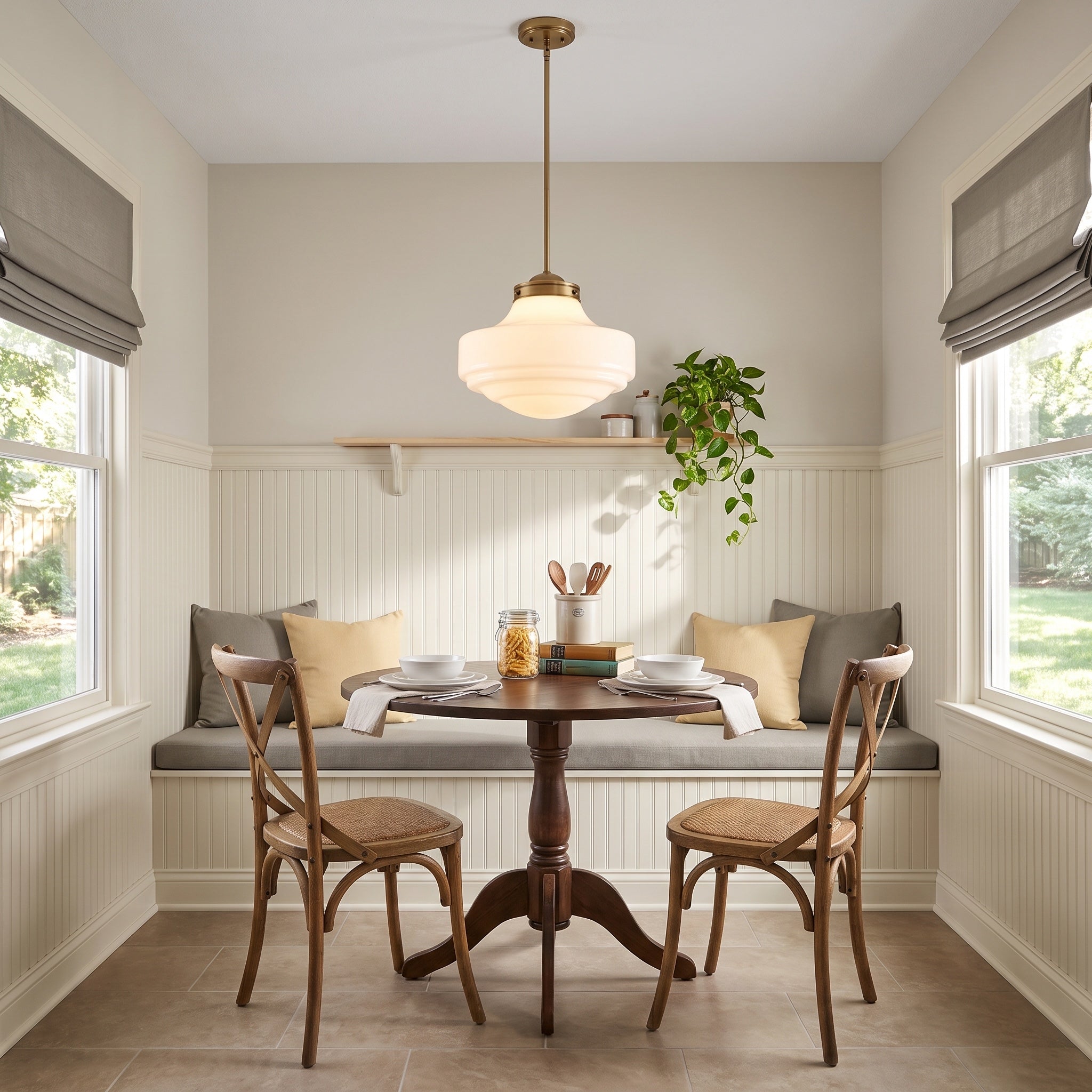 Ingalls 1-light 16in Pendant in Modern Brass and Vintage Milk Glass, AI-visualized room scene - Golden Lighting