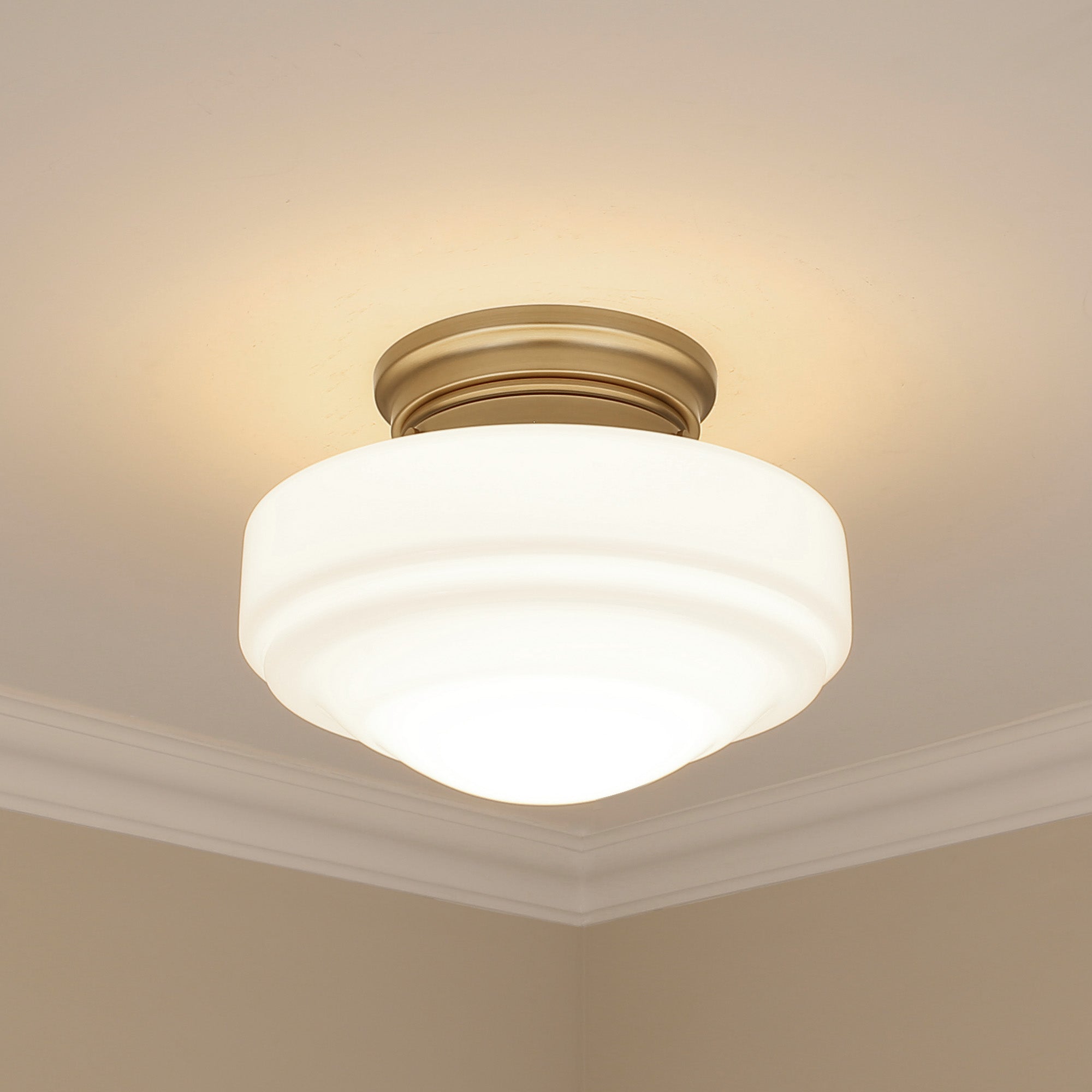 Golden Lighting Ingalls 1-light 12in Semi-Flush Mount in Modern Brass and Vintage Milk Glass - - Golden Lighting