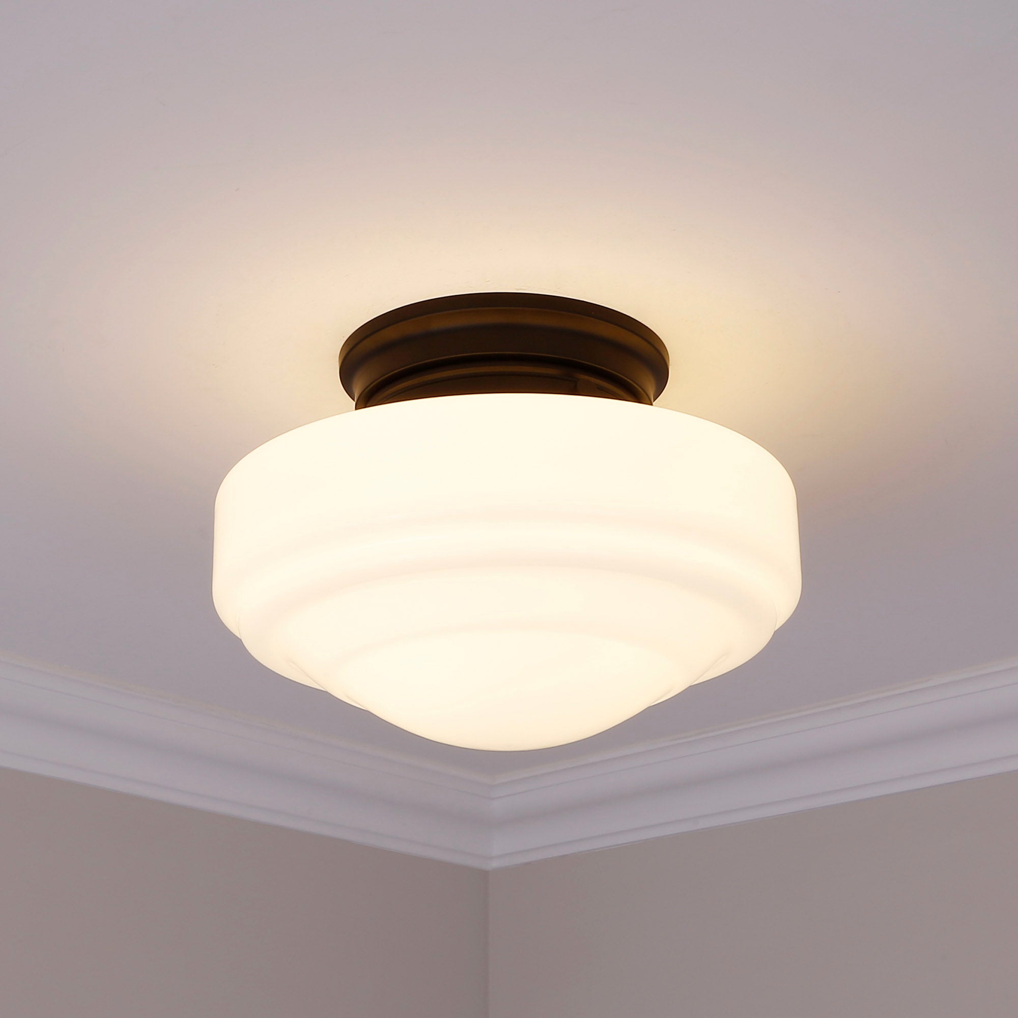 Golden Lighting Ingalls 1-light 12in Semi-Flush Mount in Matte Black and Vintage Milk Glass