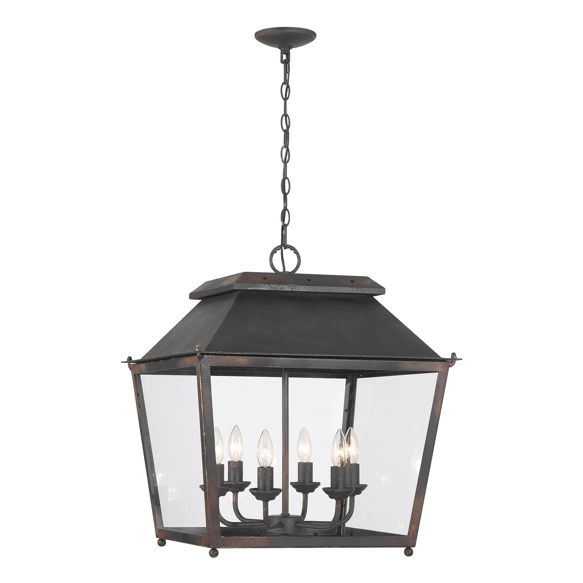 Abingdon 6 Light Pendant in Antique Black Iron with Clear Glass - - Golden Lighting