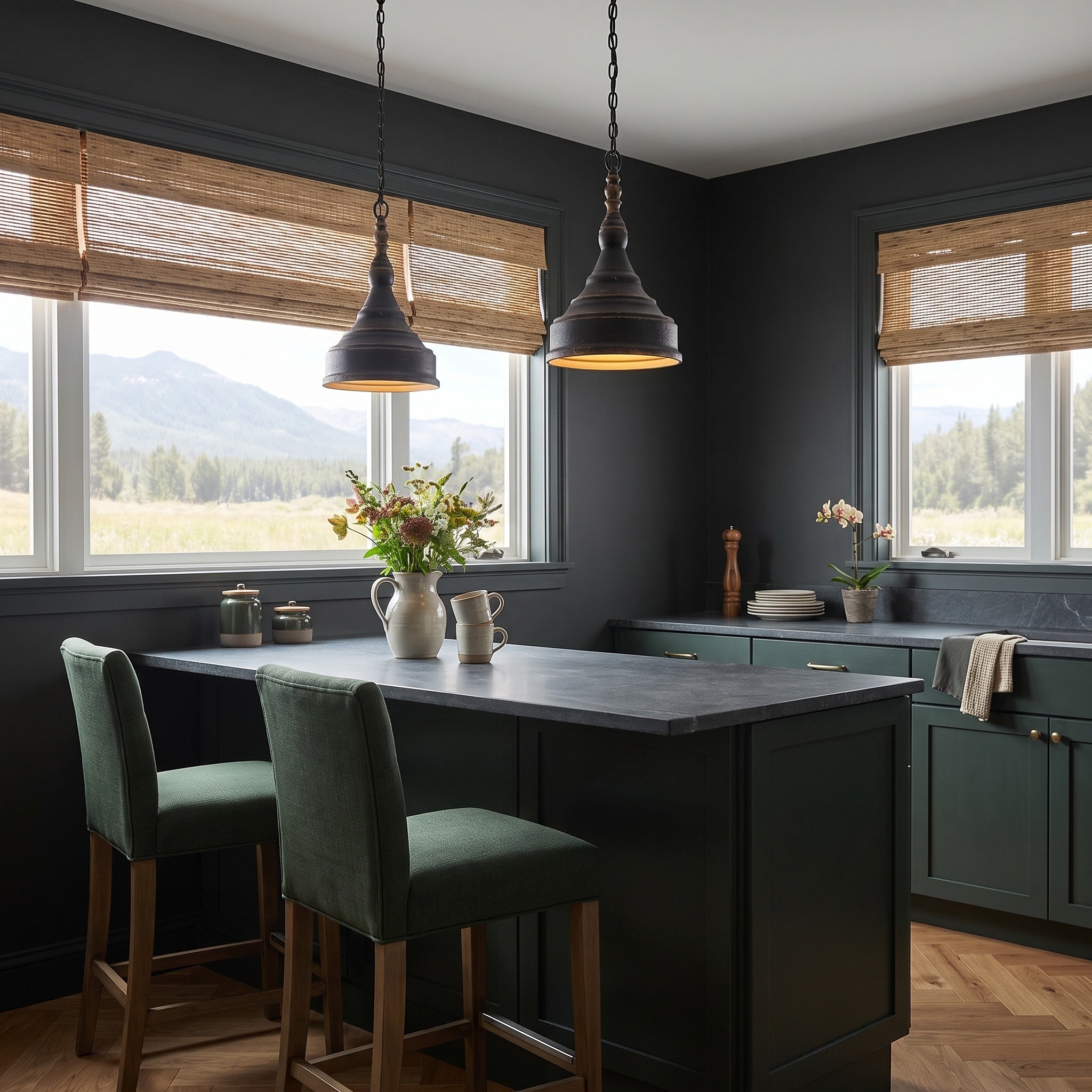 Keating 1-light Pendant in Antique Black Iron, AI-visualized room scene - Golden Lighting