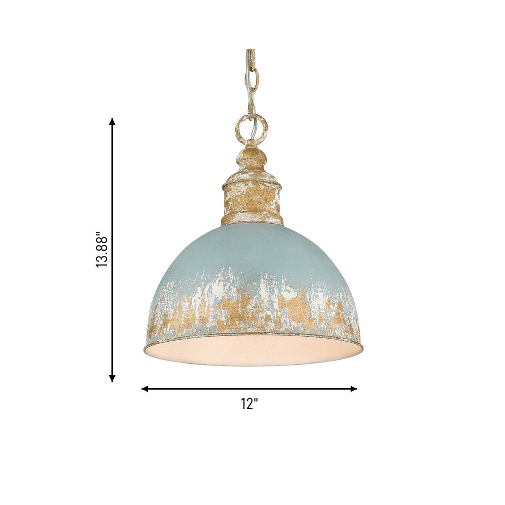 Alison 1-light Pendant in Vintage Gold and Antique Teal shade, dimensions diagram - Golden Lighting