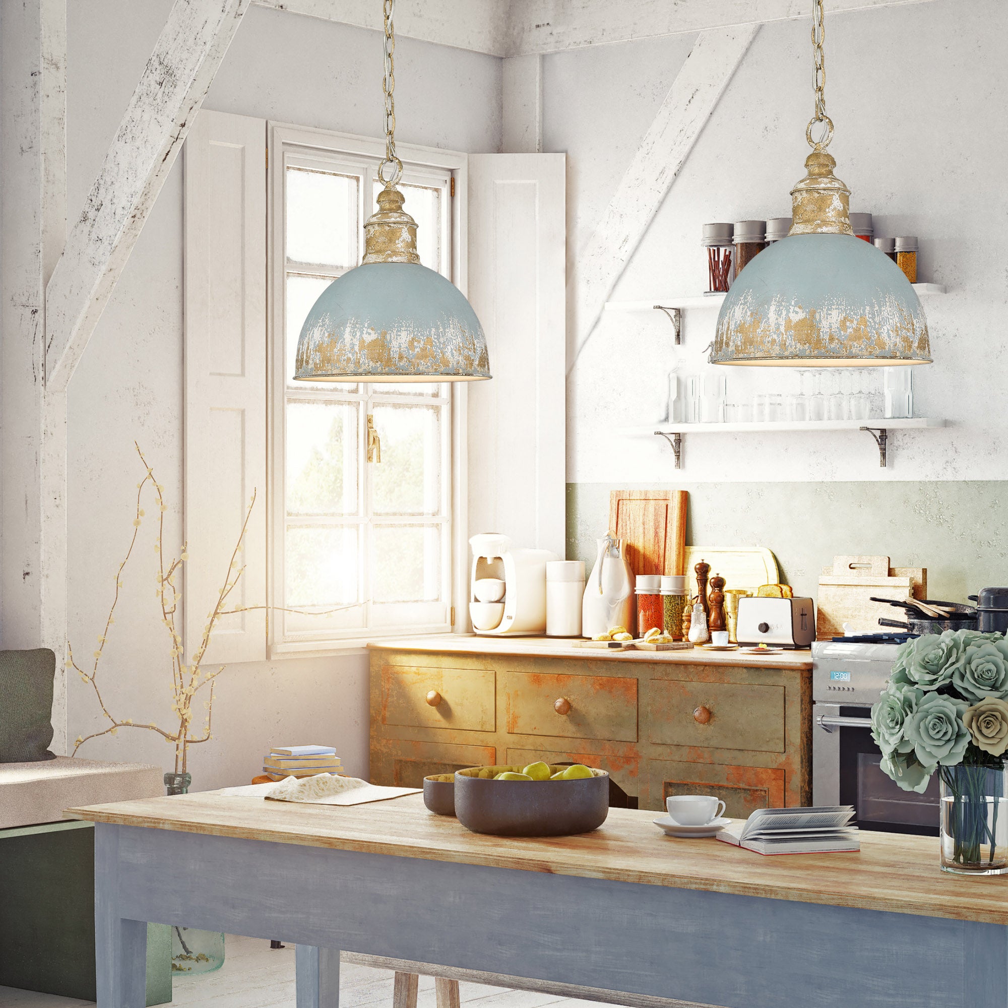 Golden Lighting Alison 1-light Pendant in Vintage Gold and Antique Teal shade - - Golden Lighting