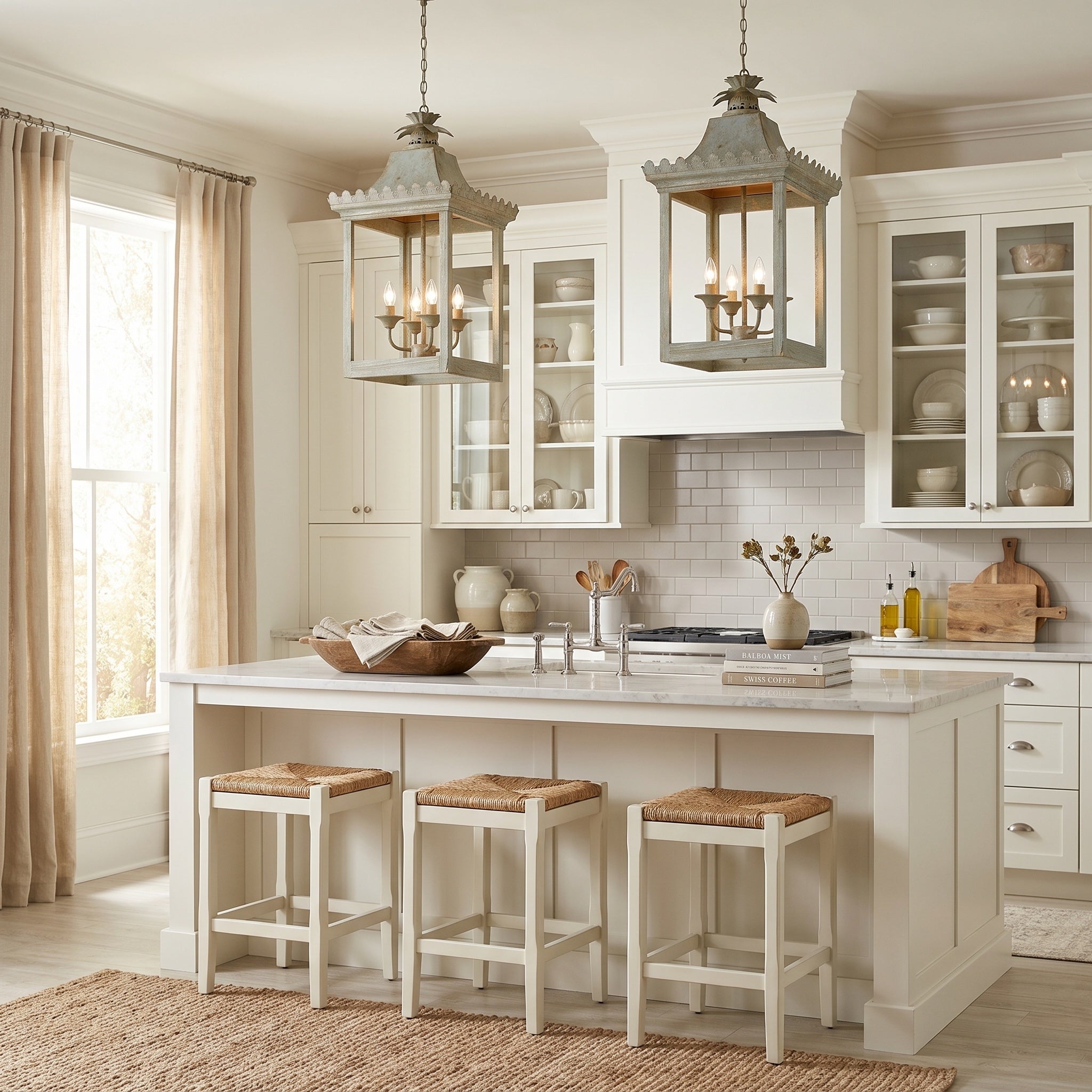 Finley 4-light Pendant in Vintage Sage, AI-visualized breakfast nook scene - Golden Lighting