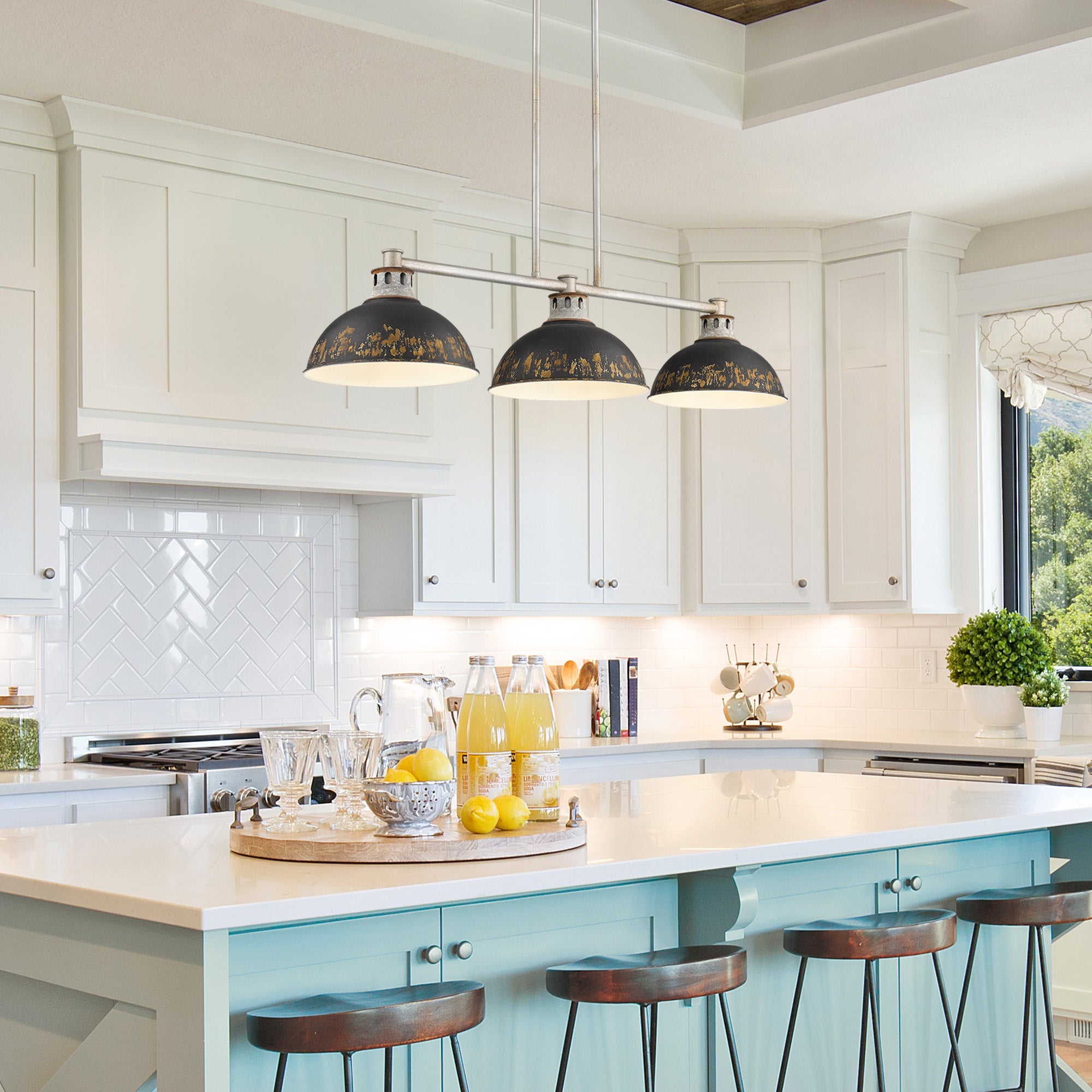 Golden Lighting Kinsley 3-light Island Light in Antique Black Iron shade