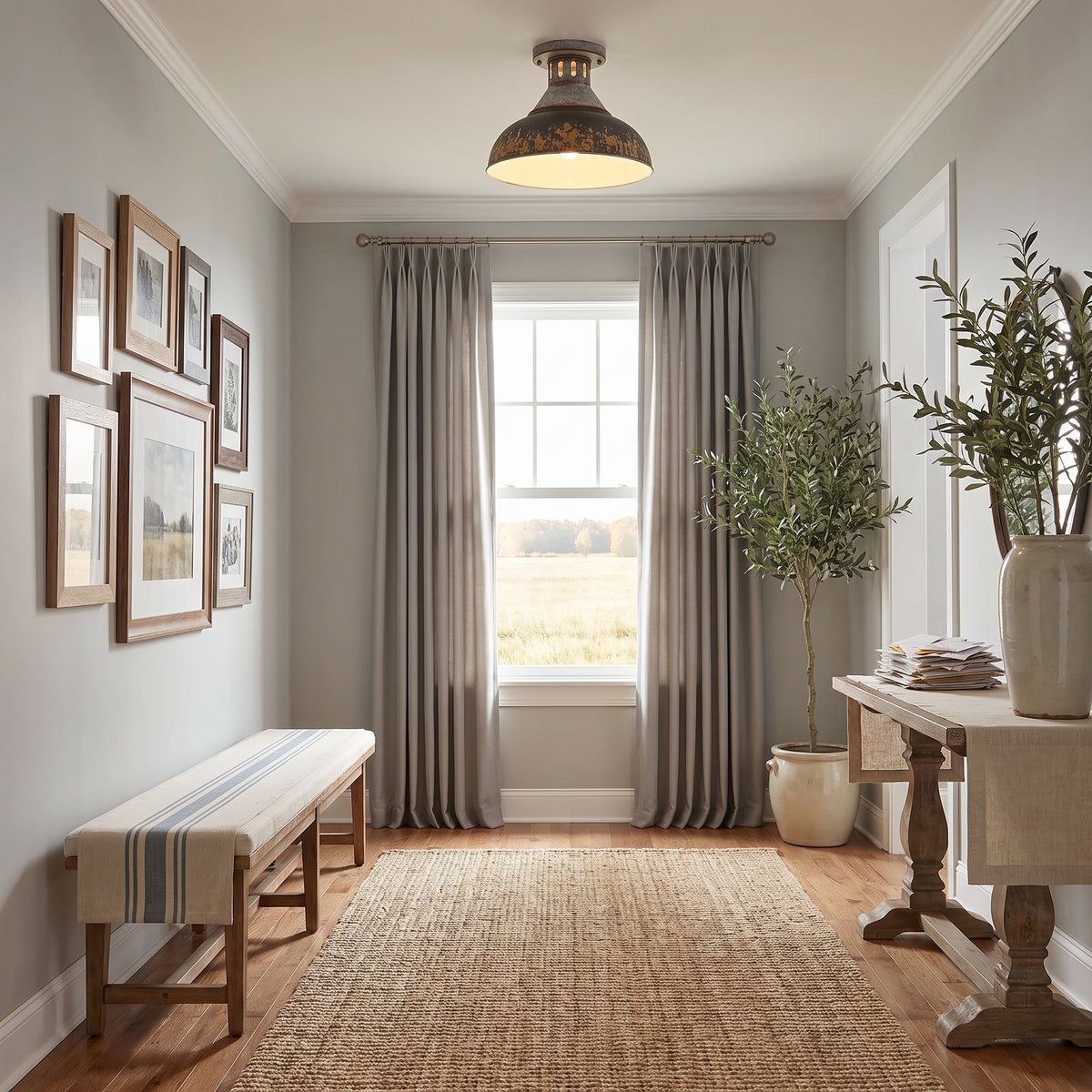 Kinsley 1-light Semi-Flush Mount in Antique Black Iron shade, AI-visualized room scene - Golden Lighting