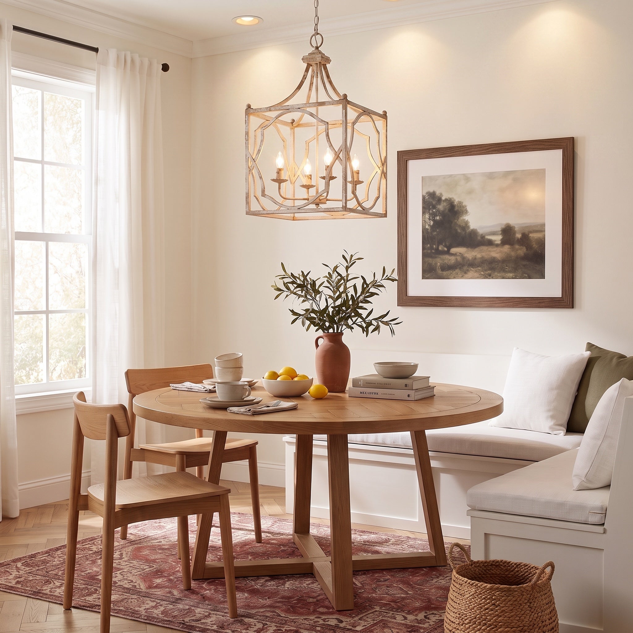 Laurent 4-light Pendant in Antique Ivory, AI-visualized kitchen scene - Golden Lighting