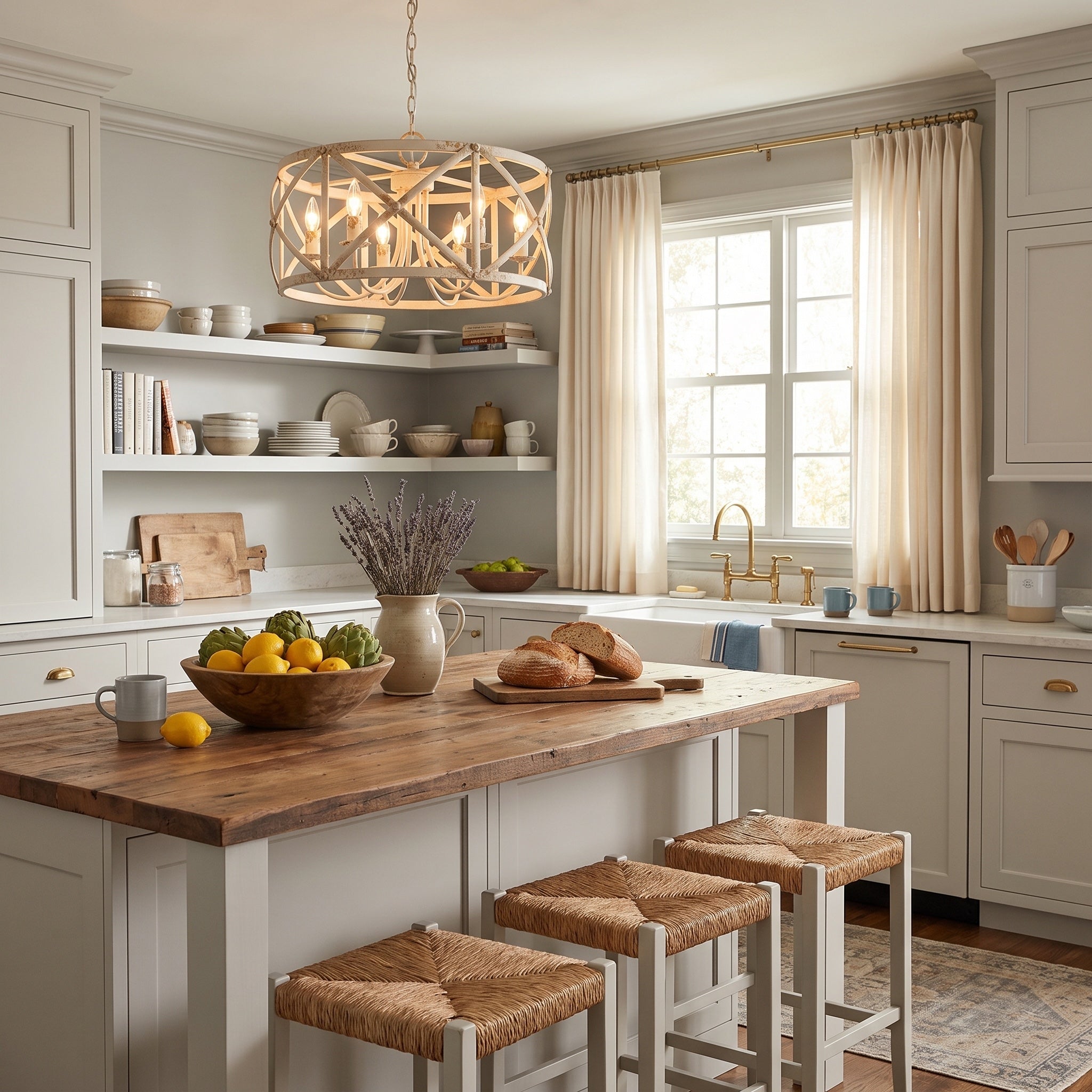 Alcott 6-light Chandelier in Antique Ivory, AI-visualized dining room scene - Golden Lighting