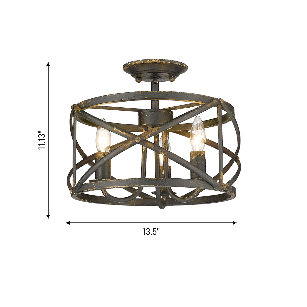 Alcott 3-light Semi-Flush Mount in Antique Black Iron, dimensions diagram - Golden Lighting