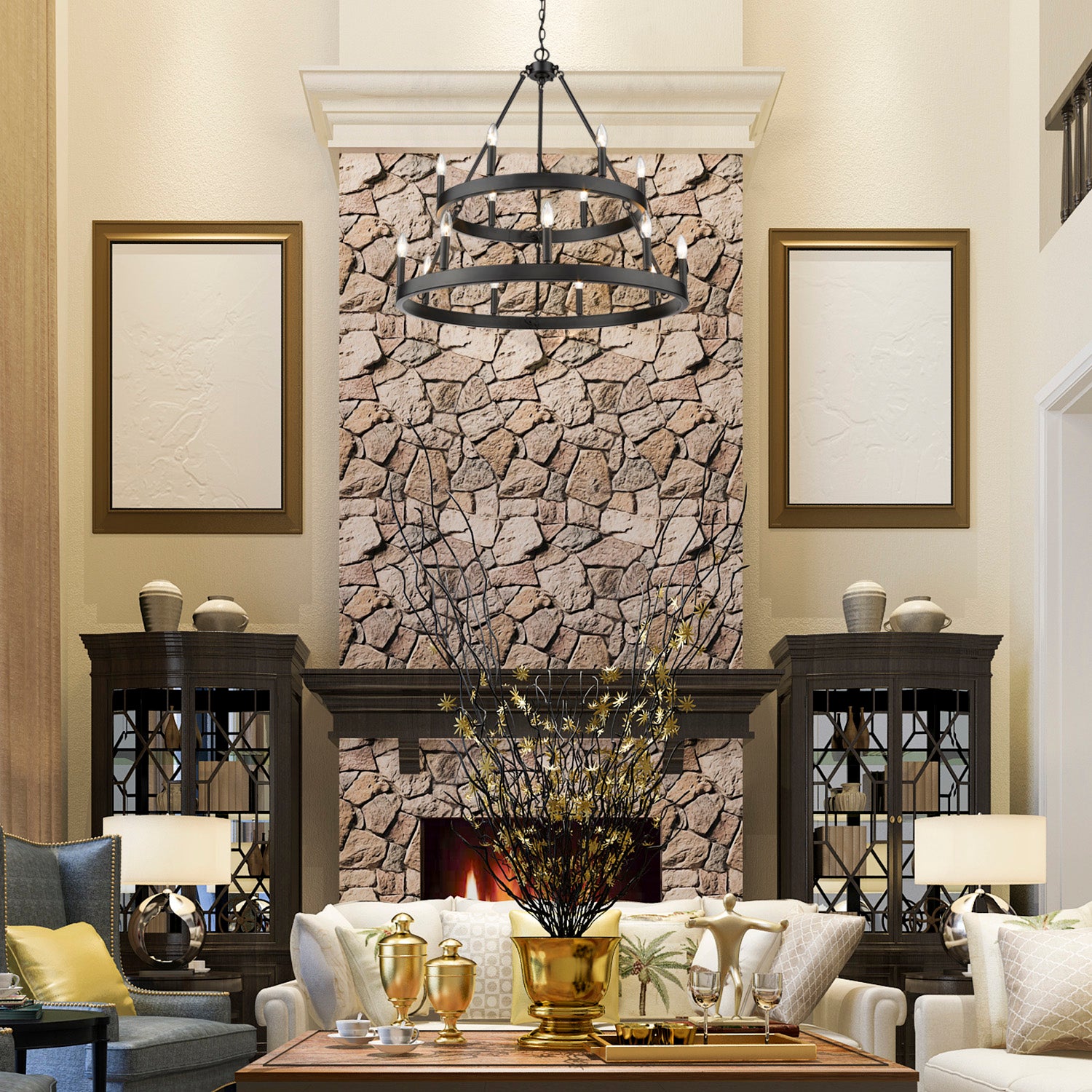 Alastair 2 Tier 6+9 Light Chandelier in Matte Black - Default Title - Golden Lighting