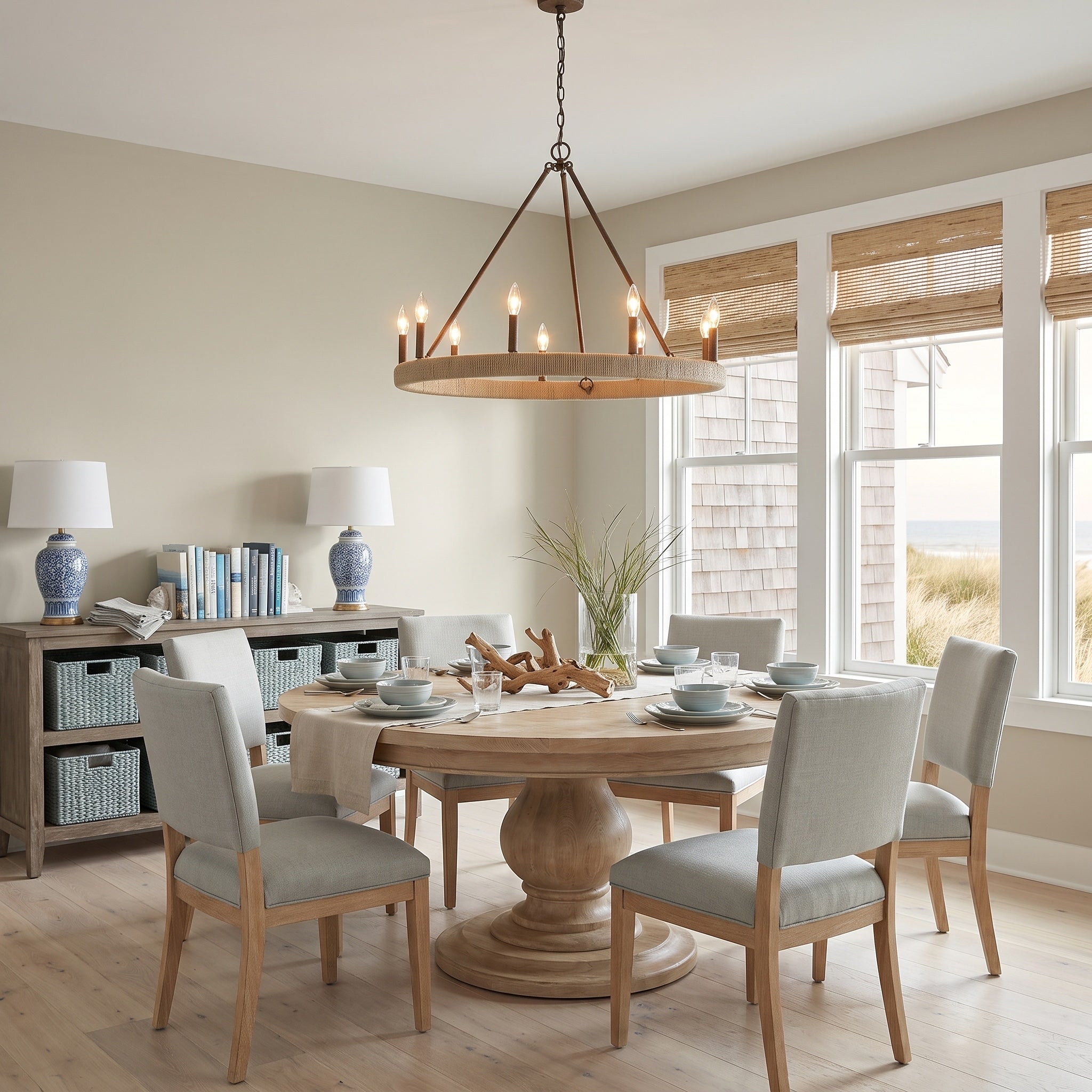 Yates 9-light Chandelier in Burnished Chestnut, AI-visualized dining room scene - Golden Lighting