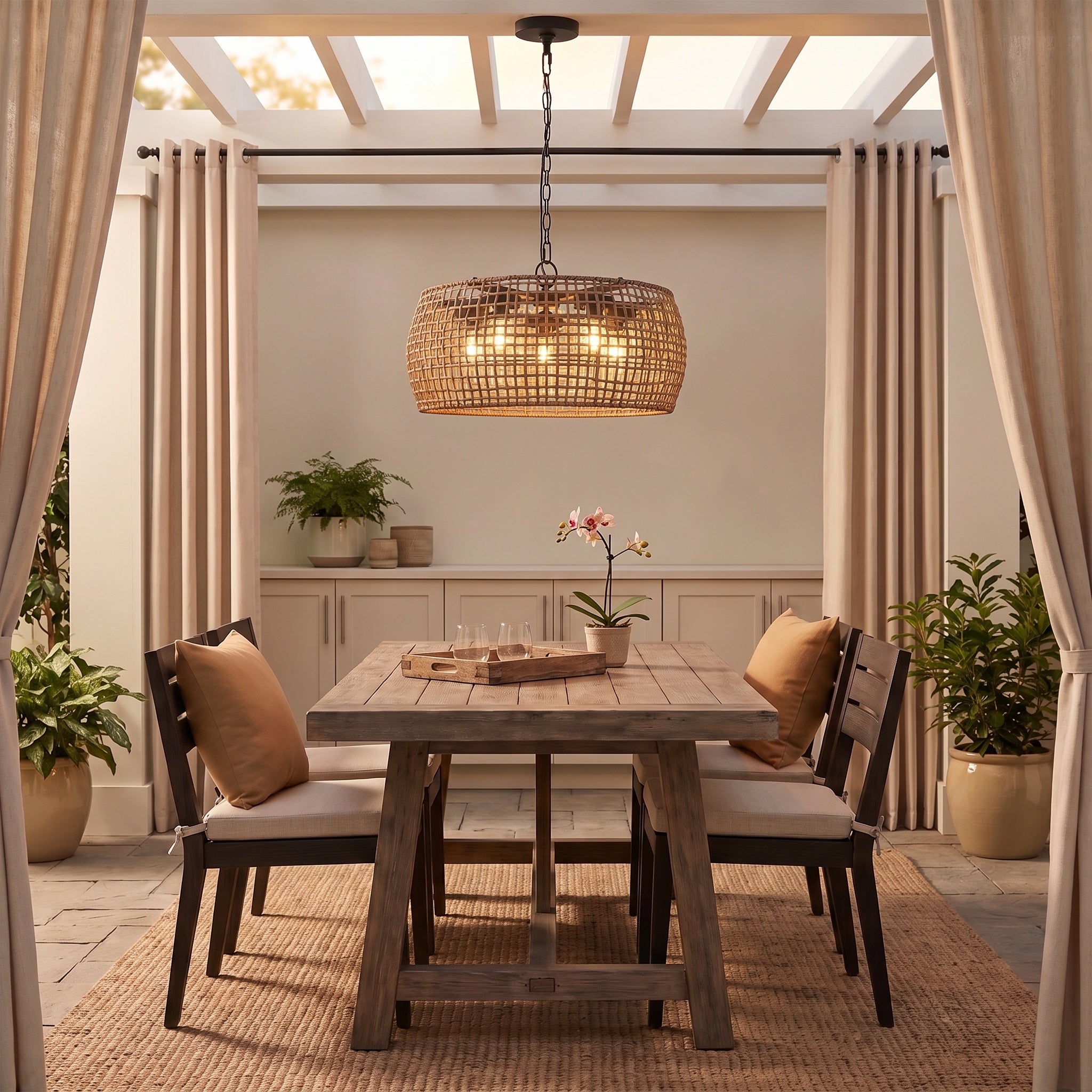 Piper 5-light Outdoor Pendant in Natural Black, AI-visualized patio scene - Golden Lighting