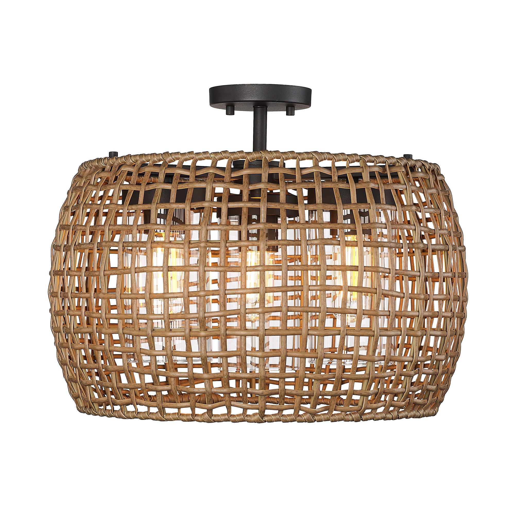 Piper 3 Light Semi-Flush - Outdoor in Natural Black with Maple All-Weather Wicker Shade - Default Title - Golden Lighting