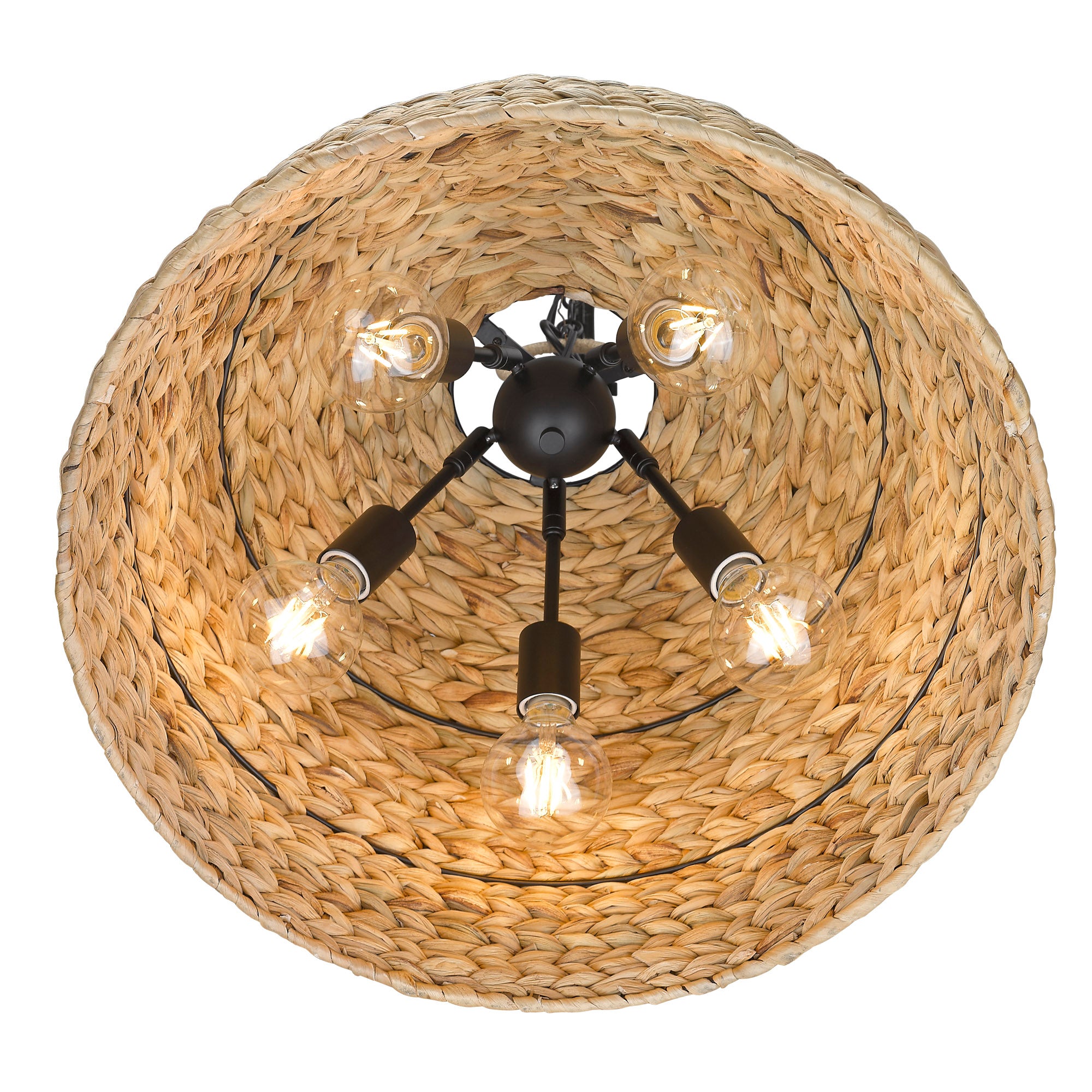 Golden Lighting Rue 5-light Pendant in Matte Black and Woven Sweet Grass shade - - Golden Lighting