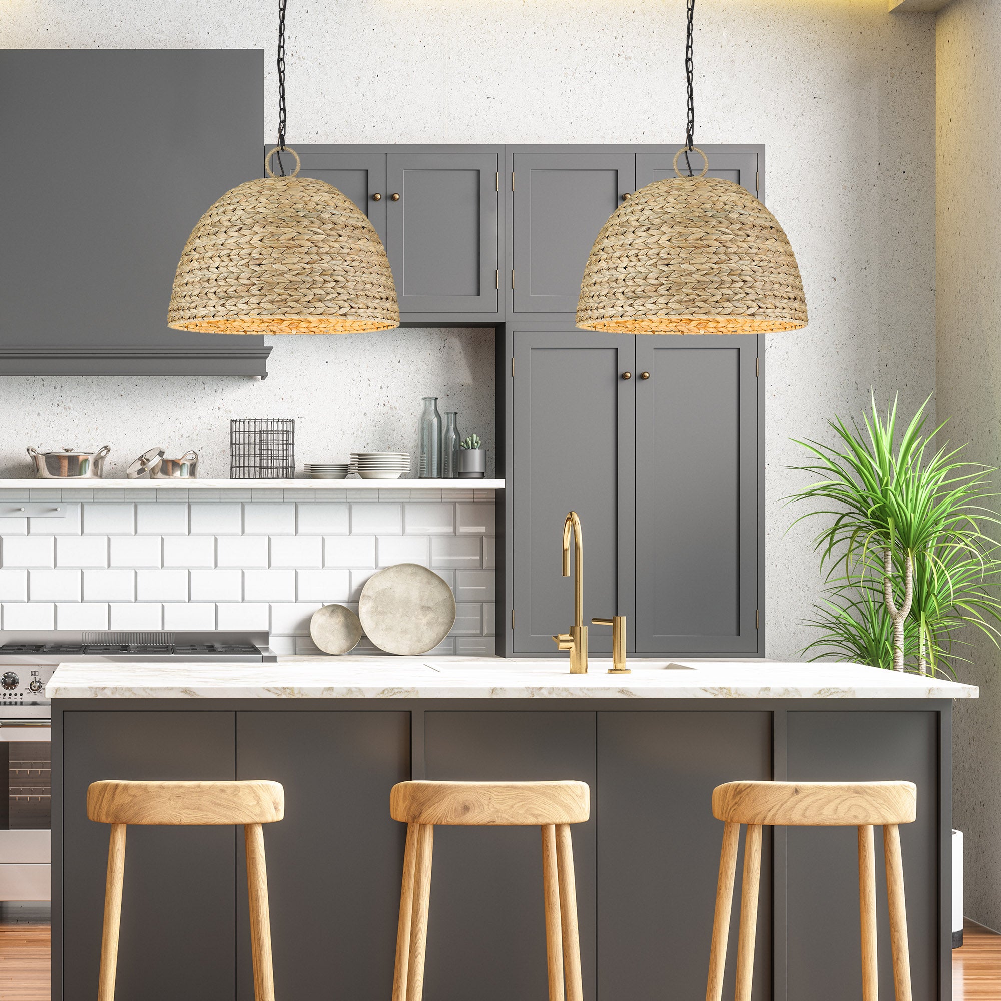 Golden Lighting Rue 5-light Pendant in Matte Black and Woven Sweet Grass shade