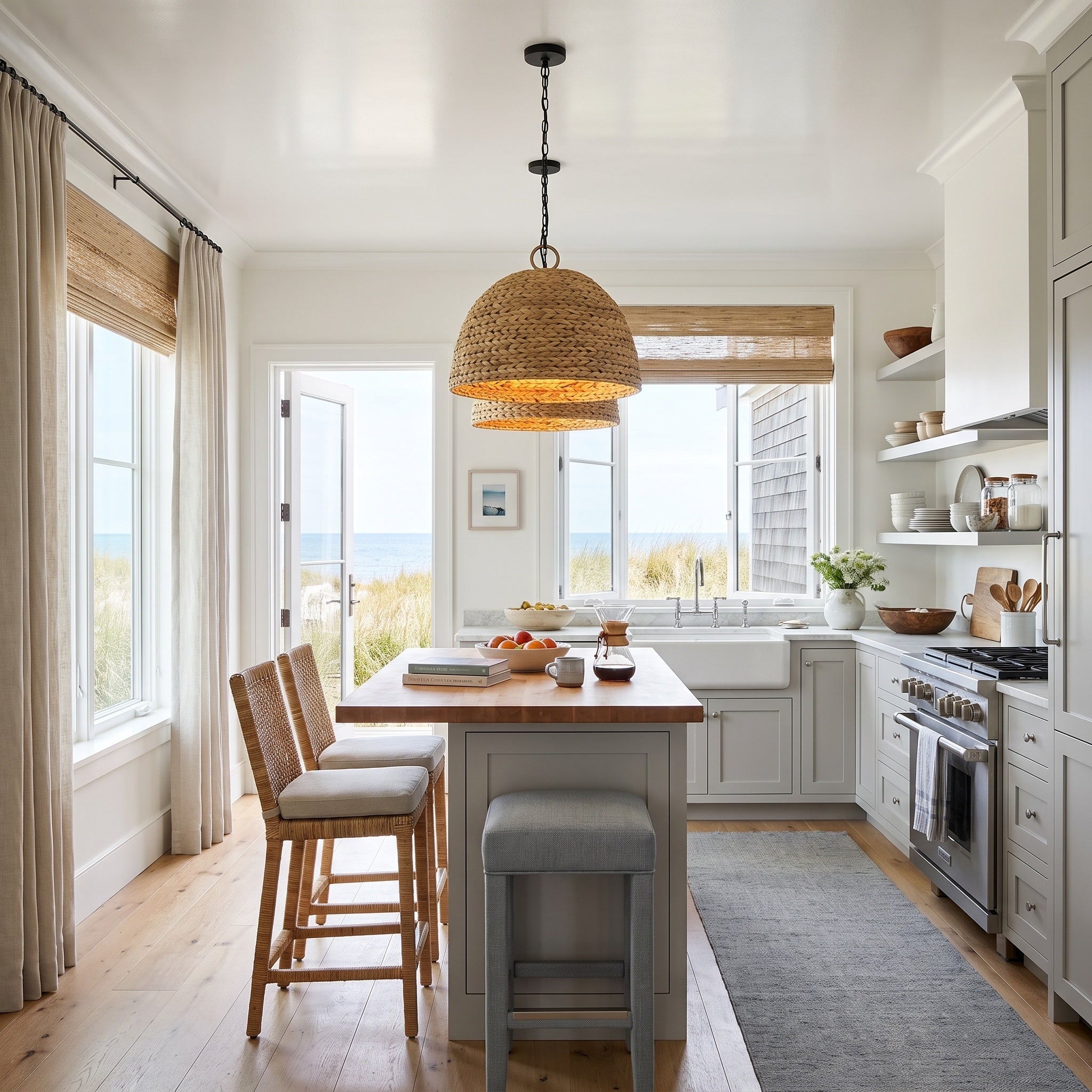Rue 5-light Pendant in Matte Black and Woven Sweet Grass shade, AI-visualized room scene - Golden Lighting