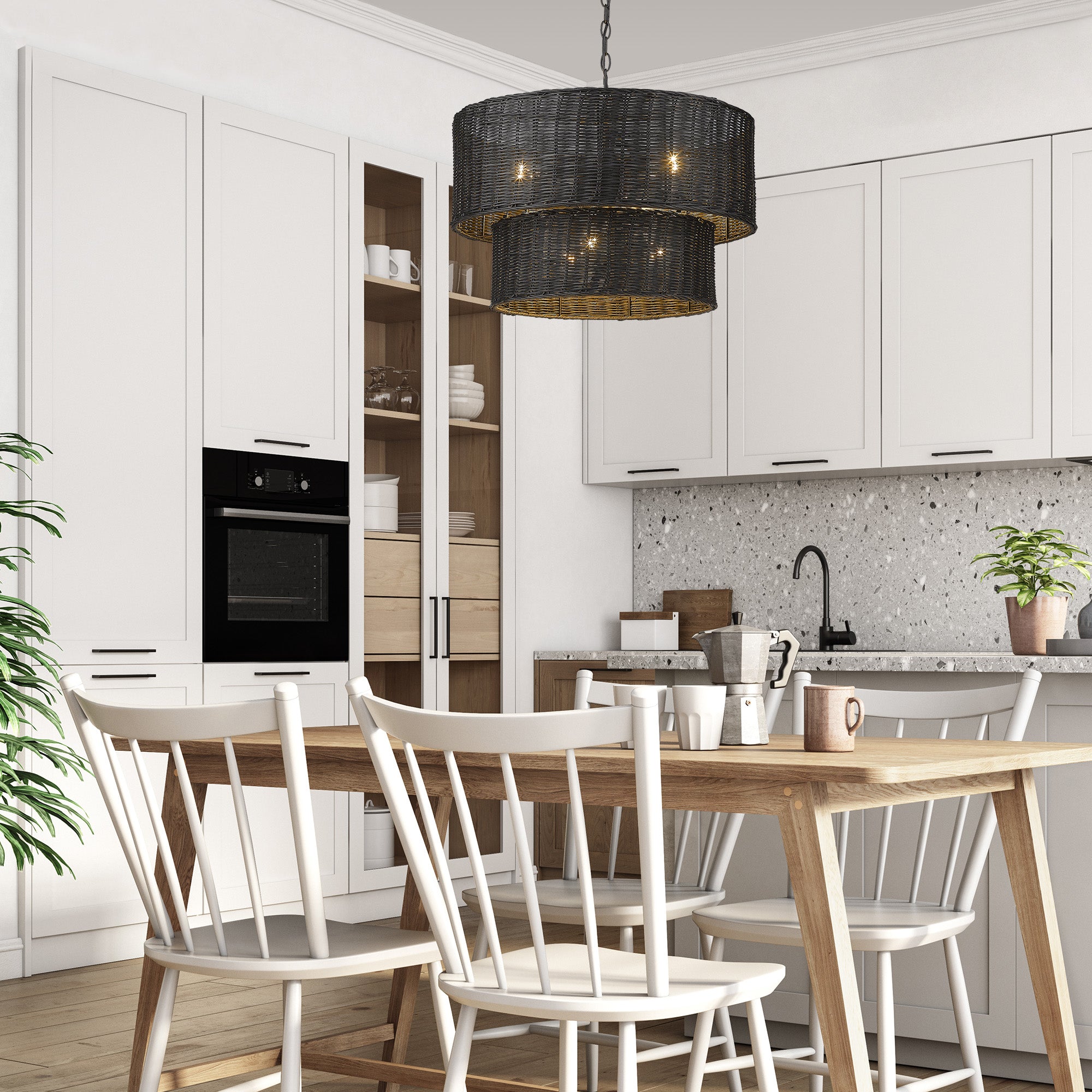Erma 6 Light Chandelier in Matte Black and Black Wicker - Default Title - Golden Lighting