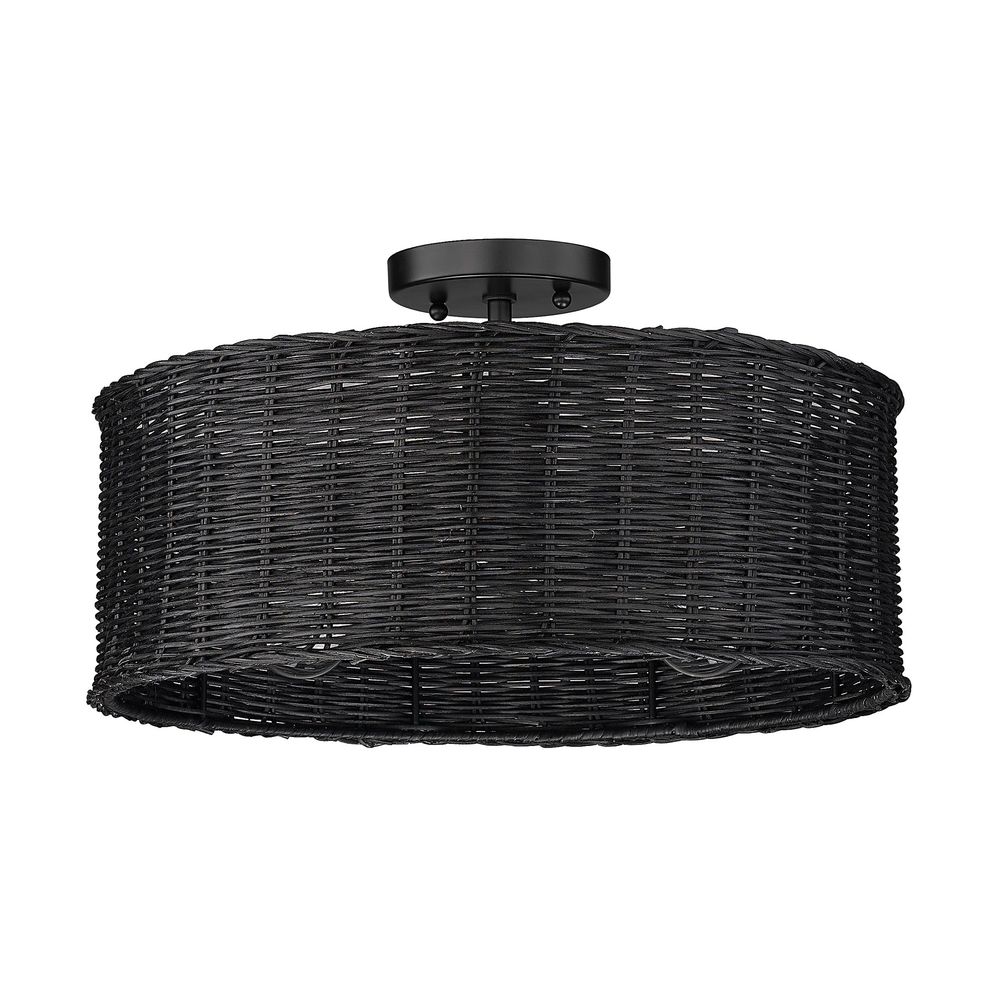 Erma 3 Light Semi-Flush in Matte Black with Black Wicker Shade - - Golden Lighting