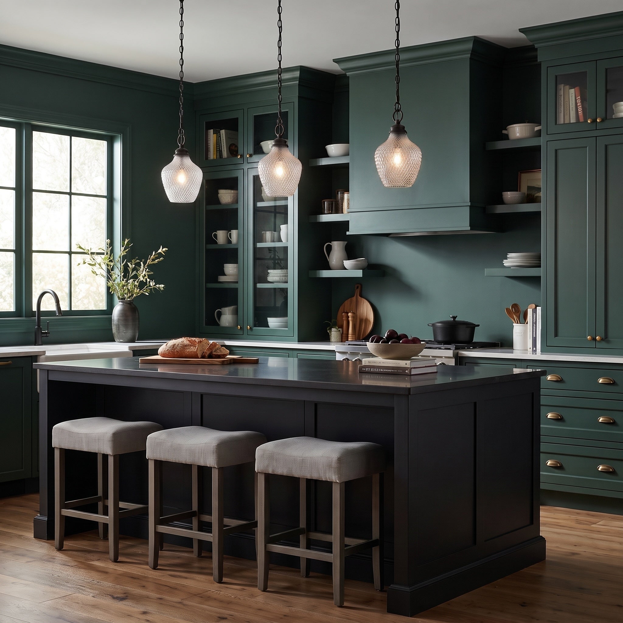 Adeline 1-light Pendant in Matte Black, AI-visualized kitchen scene - Golden Lighting