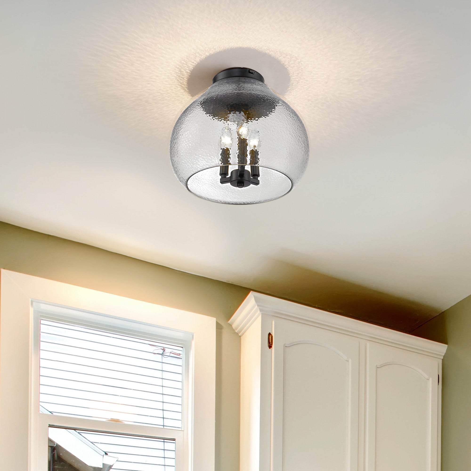 Ariella BLK 3 Light Flush Mount in Matte Black with Hammered Clear Glass Shade - Default Title - Golden Lighting