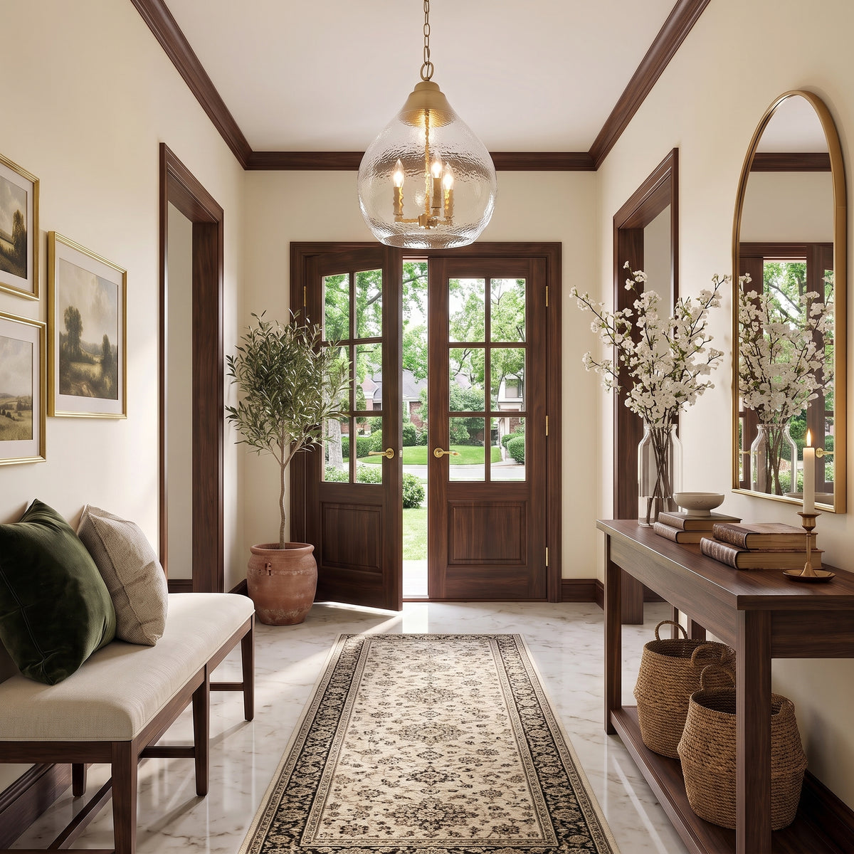 Ariella 3-light Pendant in Brushed Champagne Brass, AI-visualized dining room scene - Golden Lighting