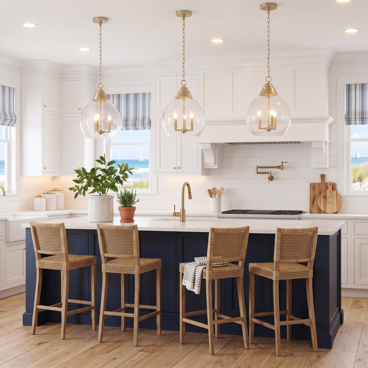 Ariella 3-light Pendant in Brushed Champagne Brass, AI-visualized dining room scene - Golden Lighting