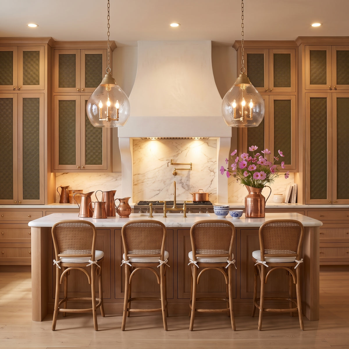 Ariella 3-light Pendant in Brushed Champagne Brass, AI-visualized dining room scene - Golden Lighting