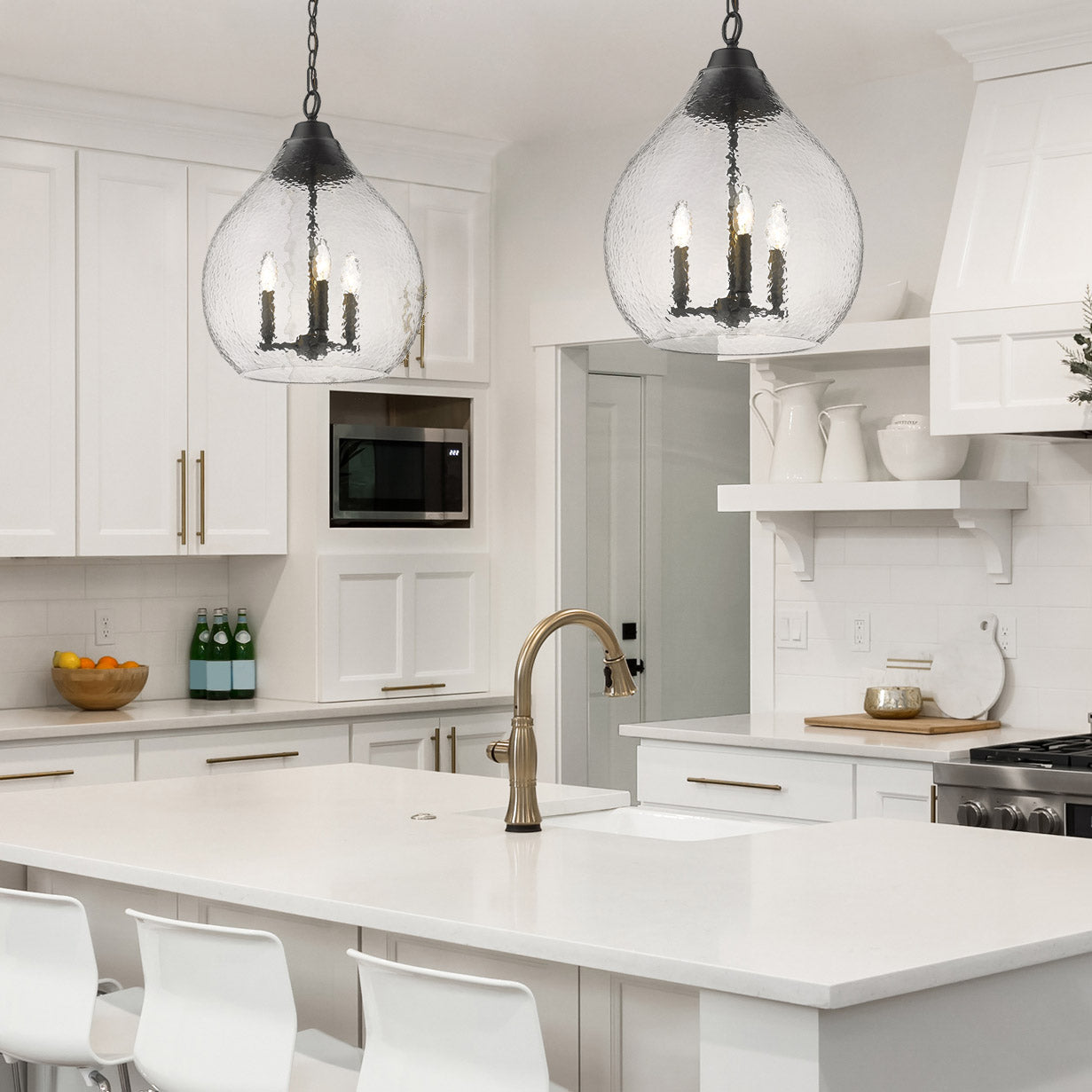Ariella 3-Light Pendant in Matte Black with Hammered Clear Glass - Default Title - Golden Lighting