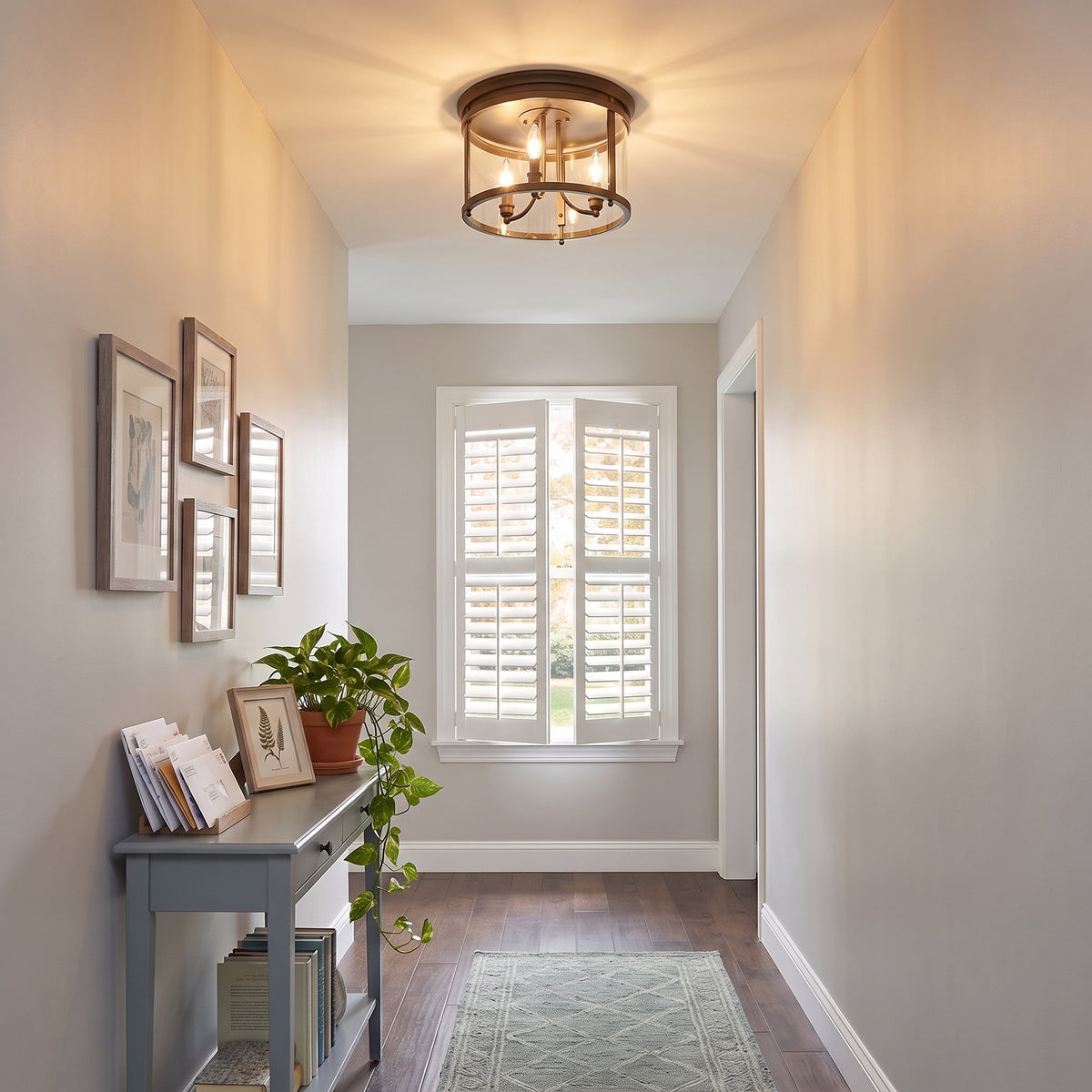 Payton 3-light Flush Mount in Rubbed Bronze, AI-visualized hallway scene - Golden Lighting