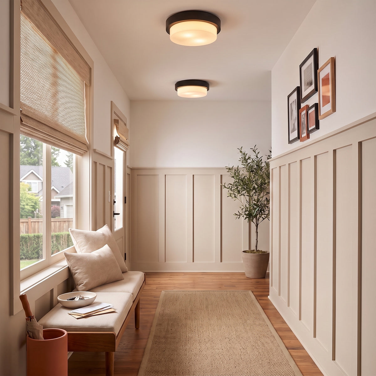 Morgon 2-light Flush Mount in Matte Black, AI-visualized hallway scene - Golden Lighting