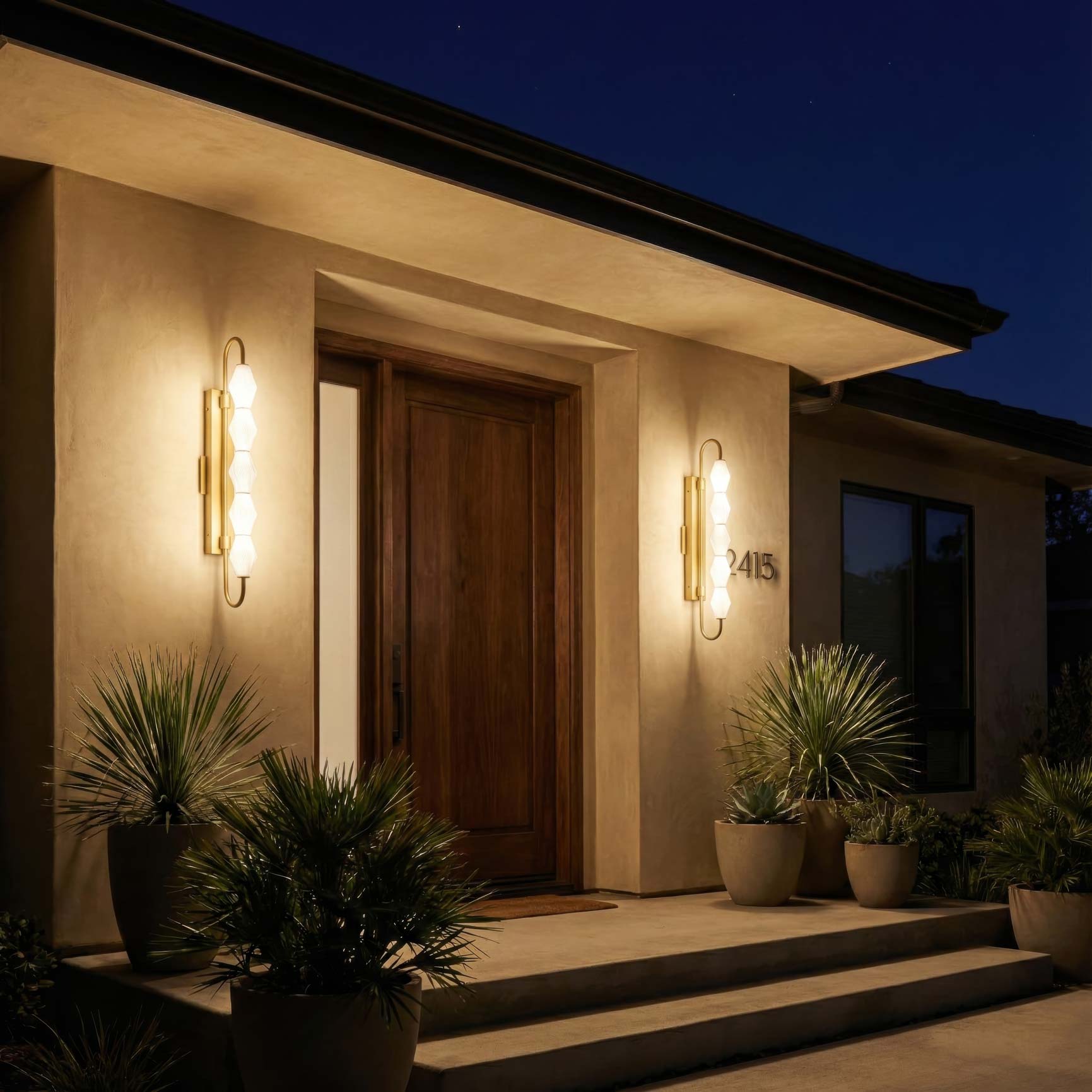 Golden Lighting Geode Integrated LED 32in Outdoor Wall in Satin Brushed Gold with Fluted Striped Glass - - Golden Lighting