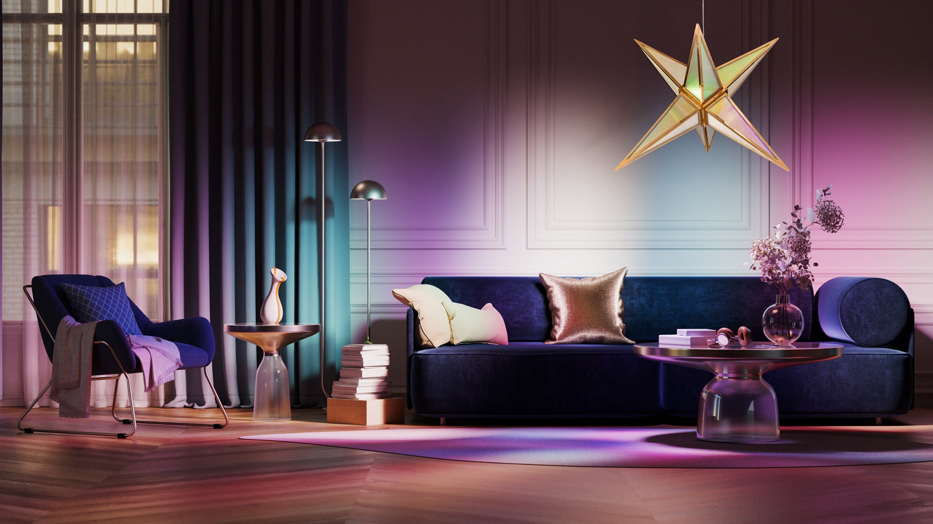Modern living room with a star-shaped chandelier, dark blue sofa, and decorative items.