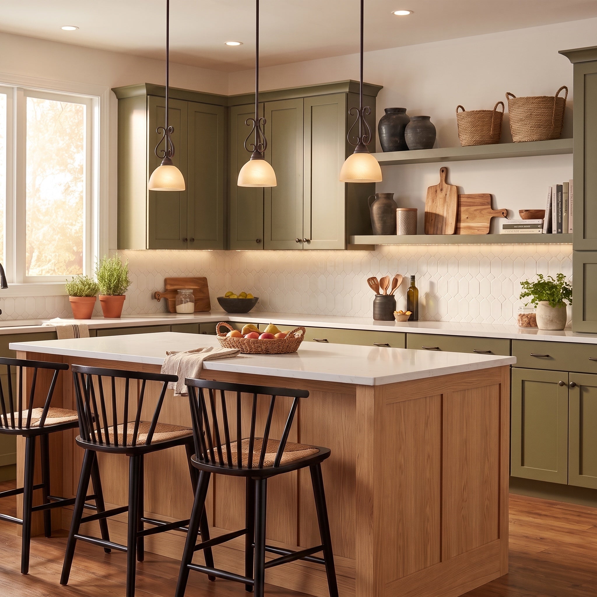 Riverton 1-light Pendant in Peppercorn, AI-visualized breakfast nook scene - Golden Lighting