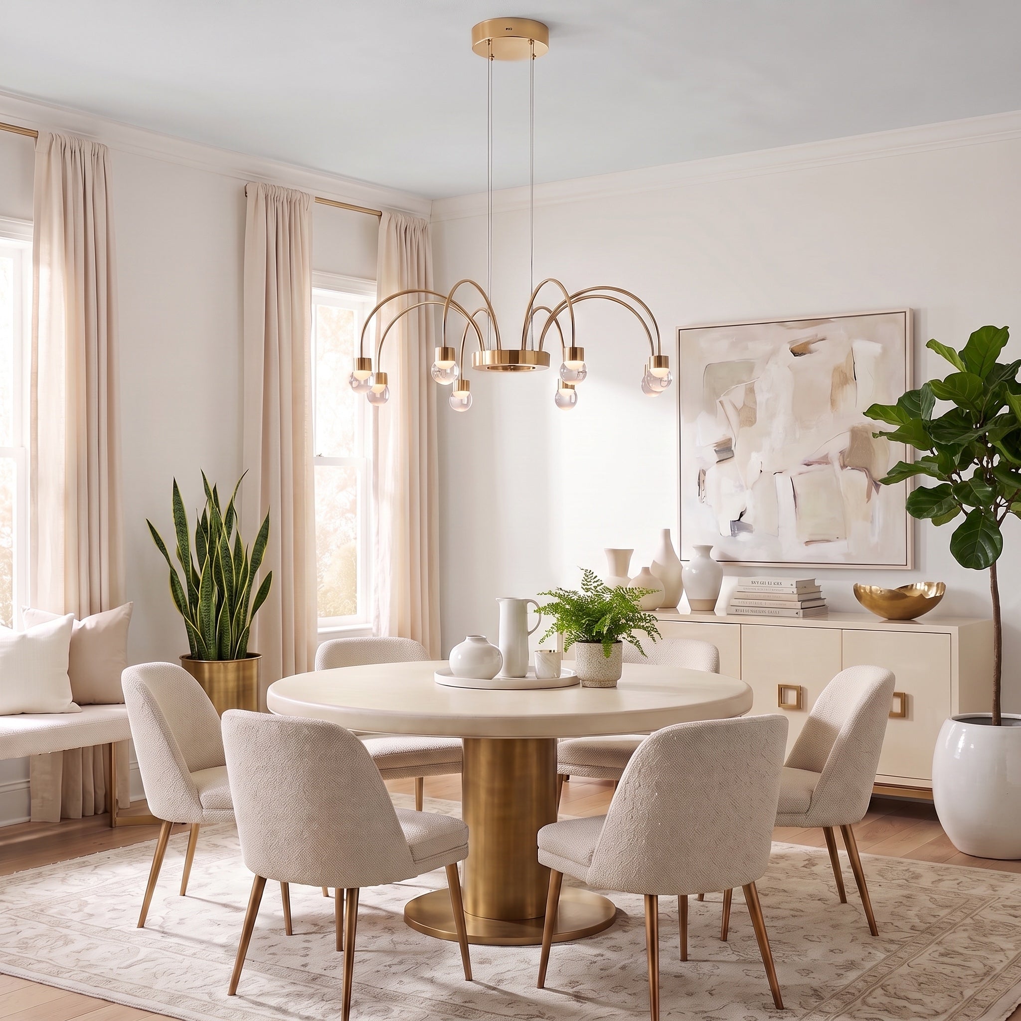 Vario 8-light Chandelier in Titanium Gold, AI-visualized dining room scene - Golden Lighting